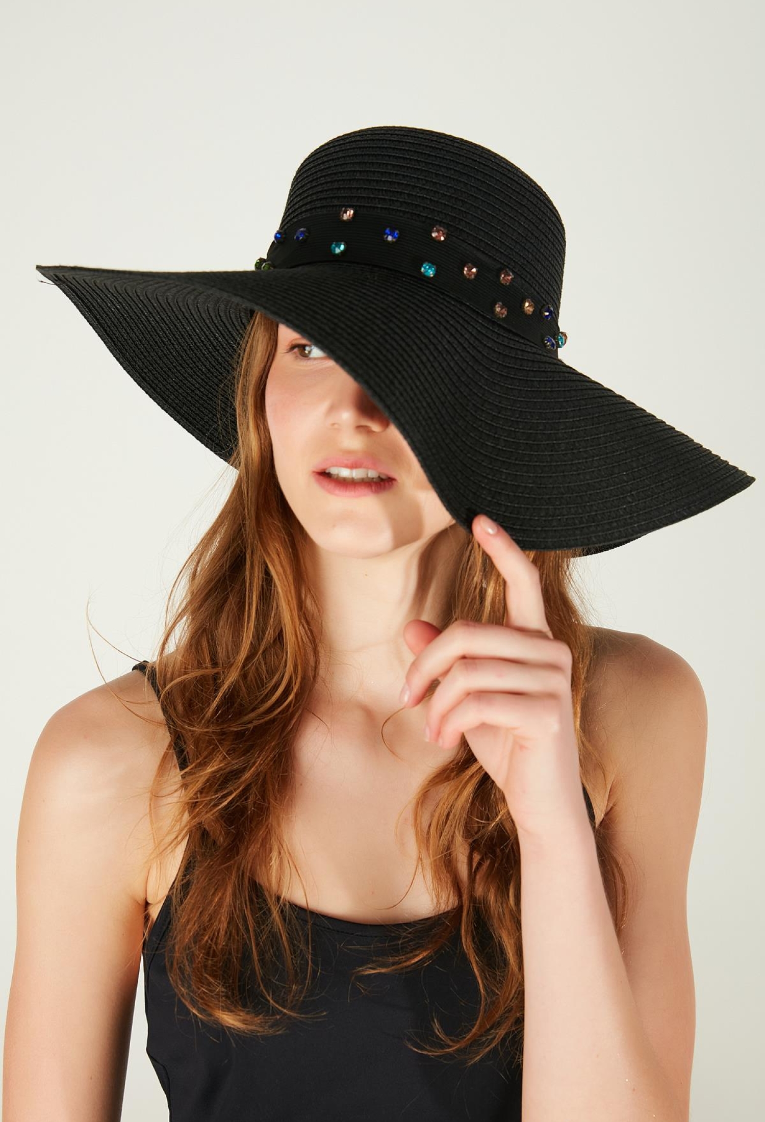 Wide Straw Hat With Ribbon Stones - Black - Brand: Axesoire - Women & Kids, Baby Clothes Wholesale - TheBS Women