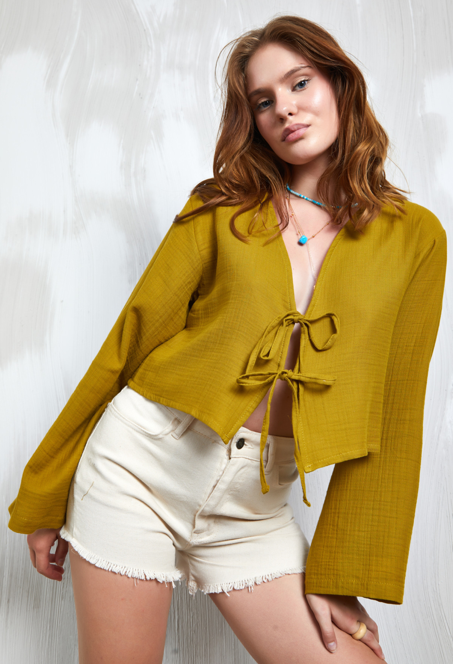 Oil Green Muslin Fabric Front Tie Blouse 27355 - Brand: First Angels - Women & Kids, Baby Clothes Wholesale - TheBS Women