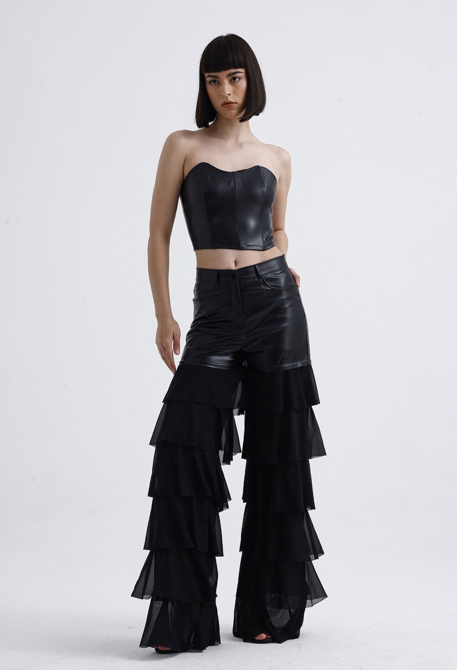 Sense Black Tulle Ruffle Detailed Faux Leather Trousers - Brand: SENSE - Women & Kids, Baby Clothes Wholesale - TheBS Women