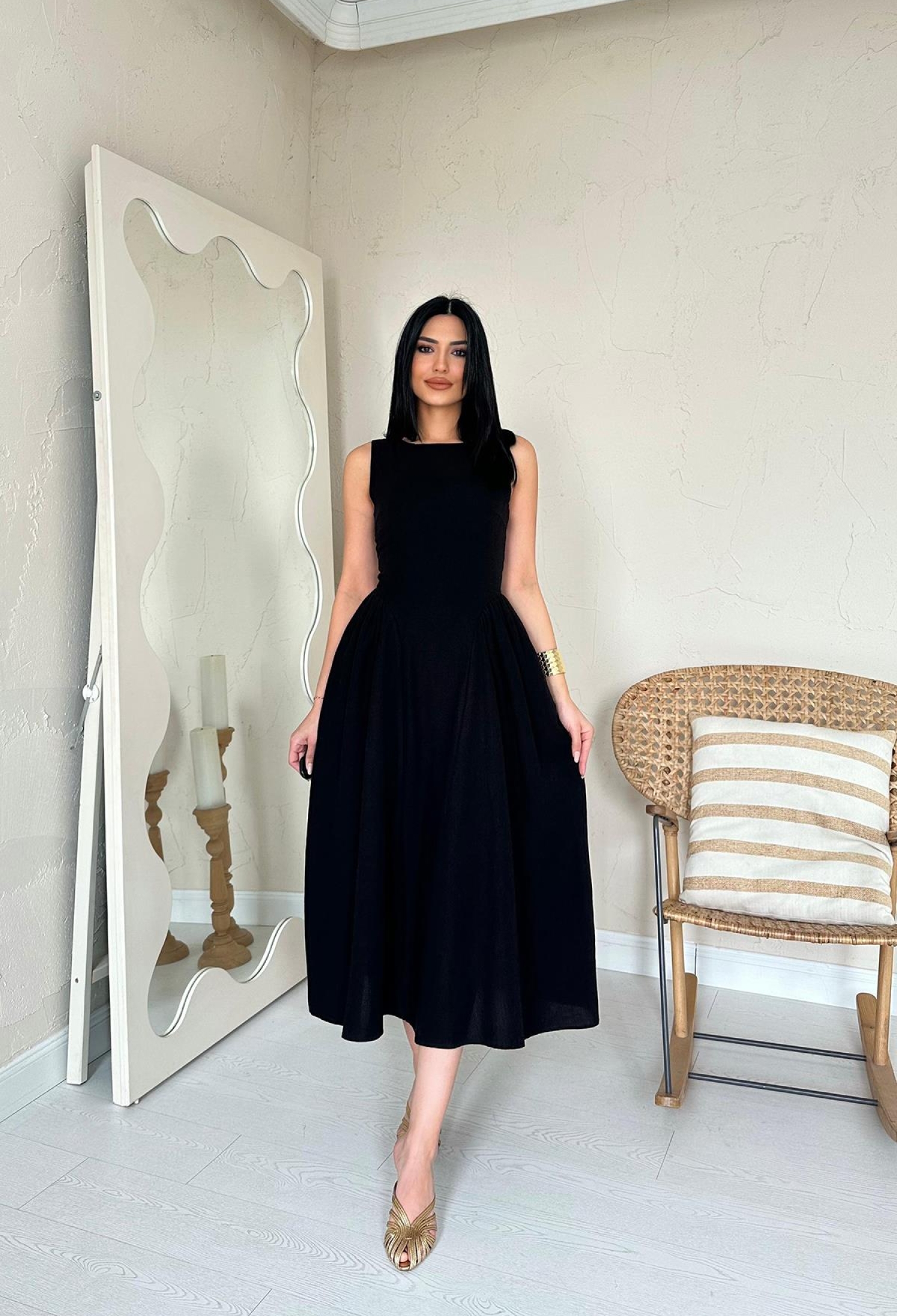 WholesaleSides Ruffle Midi Length Linen Dress - Brand: Elisa - Women & Kids, Baby Clothes Wholesale - TheBS Women