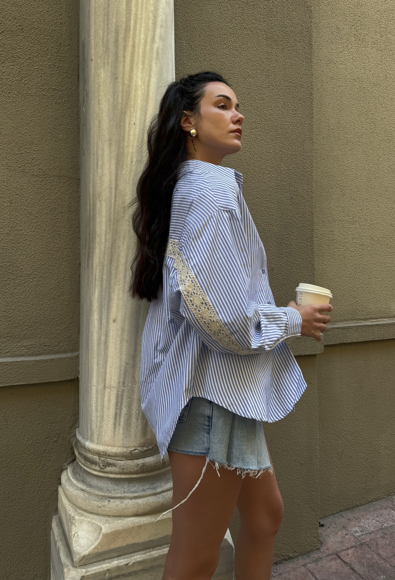 Lace Detailed Oversized Striped Shirt 29073 - Brand: First Angels - Women & Kids, Baby Clothes Wholesale - TheBS Women