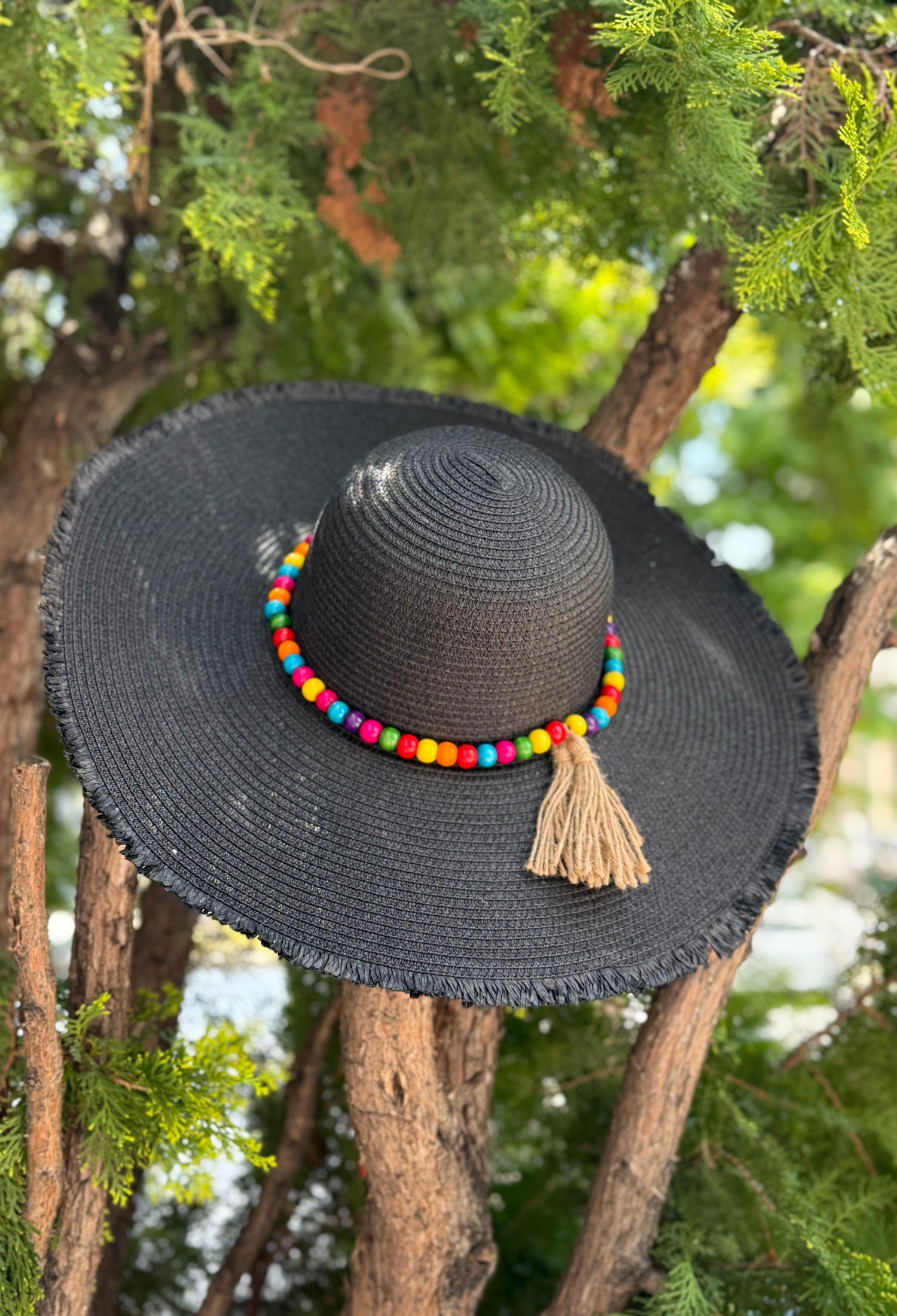 Bead Stone Accessory Fringed Wide Straw Hat - Brand: Axesoire - Women & Kids, Baby Clothes Wholesale - TheBS Women