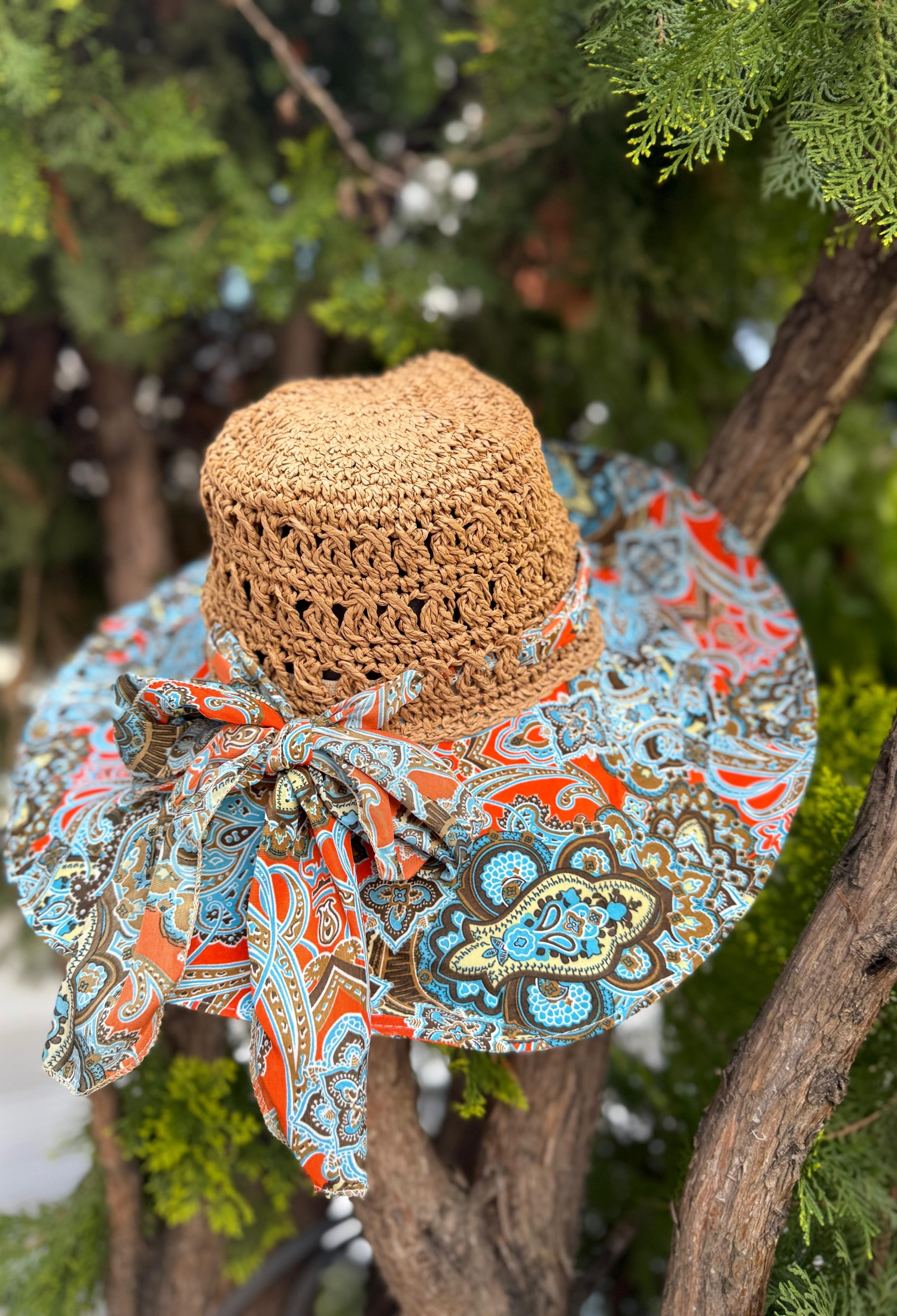 Patterned Wide Brimmed Straw Hat - Brand: Axesoire - Women & Kids, Baby Clothes Wholesale - TheBS Women