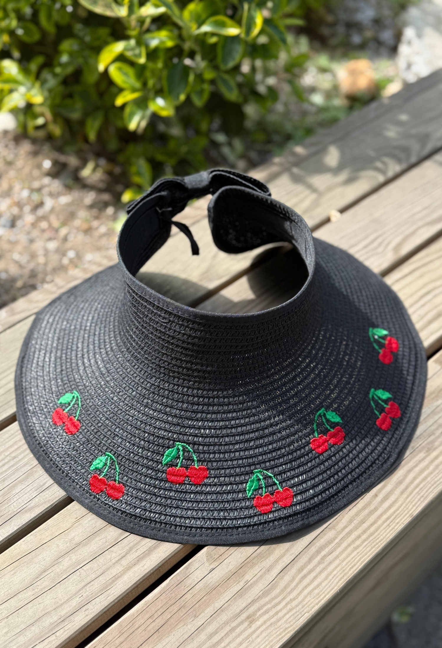 Wide Top Open Straw Visor Hat With Cherry Embroidery With Bow - Brand: Axesoire - Women & Kids, Baby Clothes Wholesale - TheBS Women