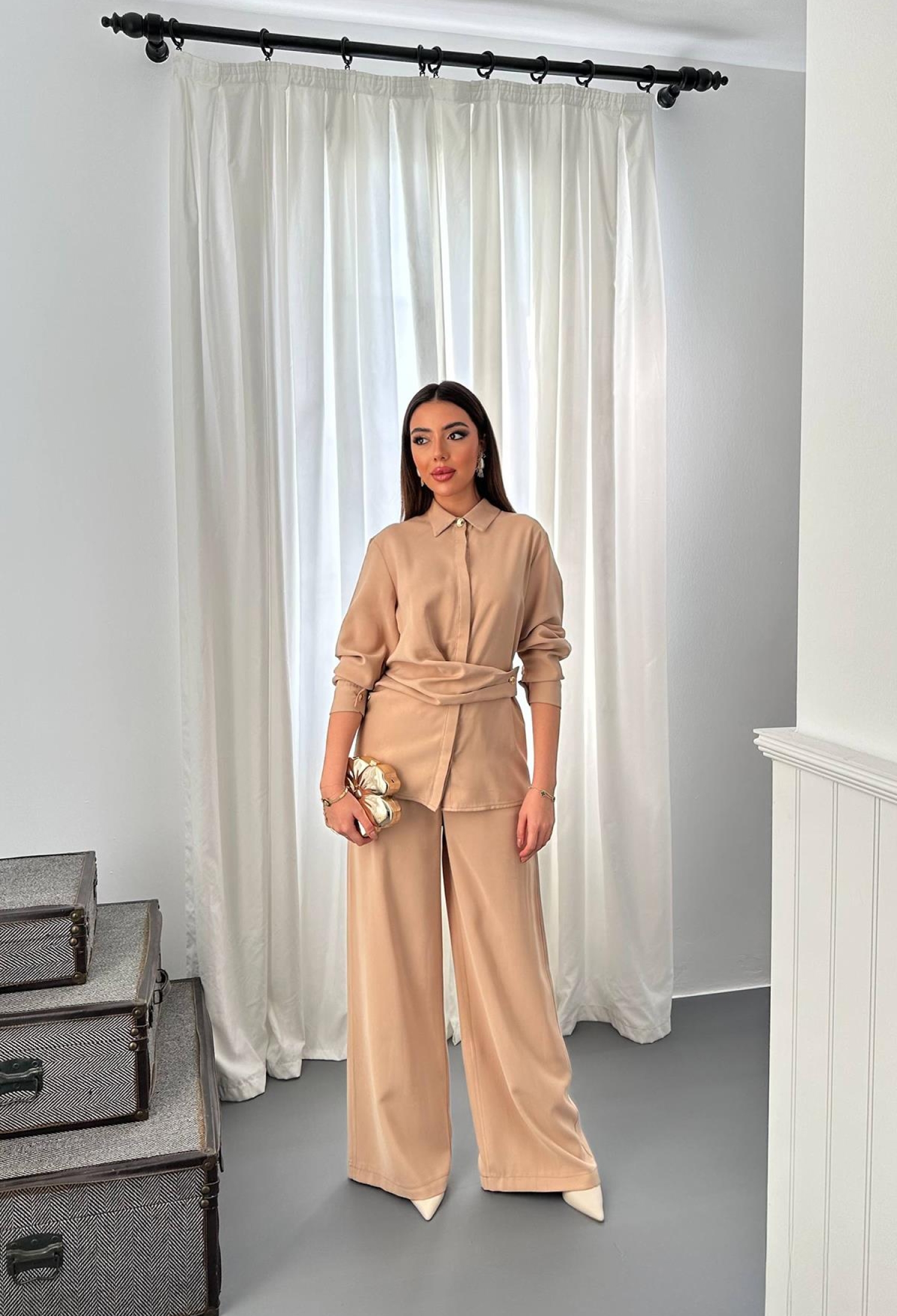 Beige Elegant Set With Polo Neck & Wide Leg Palazzo - Brand: Elisa - Women & Kids, Baby Clothes Wholesale - TheBS Women