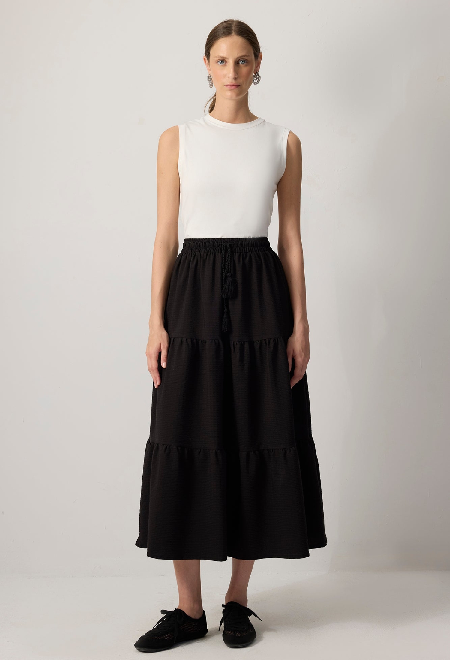 Black Layered Maxi Skirt High Waist Drawstring - Brand: Touche Prive - Women & Kids, Baby Clothes Wholesale - TheBS Women