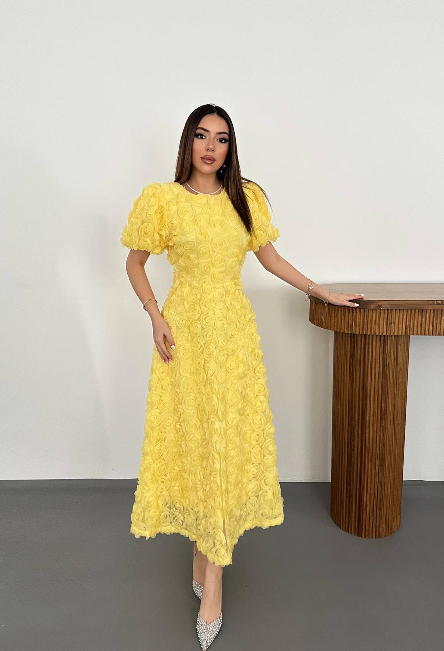 ElegantA-Line Dress With Floral Puff Sleeves - Brand: Elisa - Women & Kids, Baby Clothes Wholesale - TheBS Women