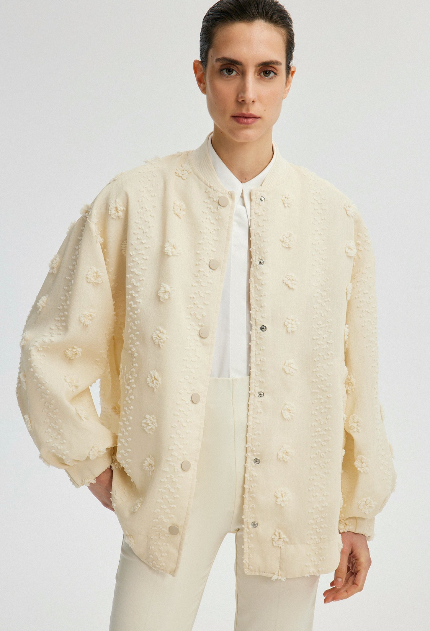 Beige Bomber Jacket With Oversized Fit - Brand: Touche Prive - Women & Kids, Baby Clothes Wholesale - TheBS Women