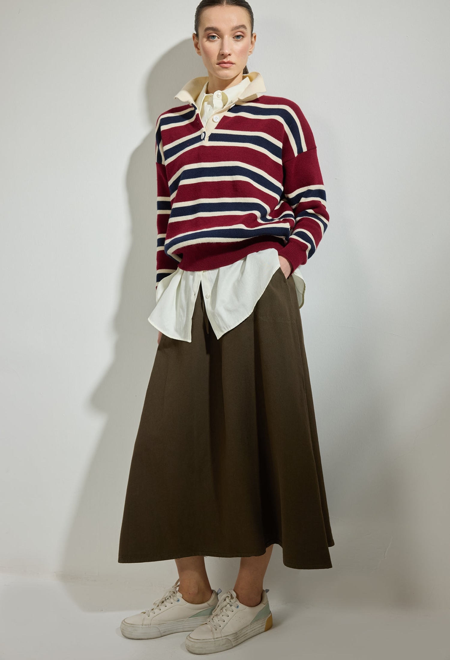 Brown Casual Modest Midi Flared Skirt With Drawstring - Brand: Touche Prive - Women & Kids, Baby Clothes Wholesale - TheBS Women