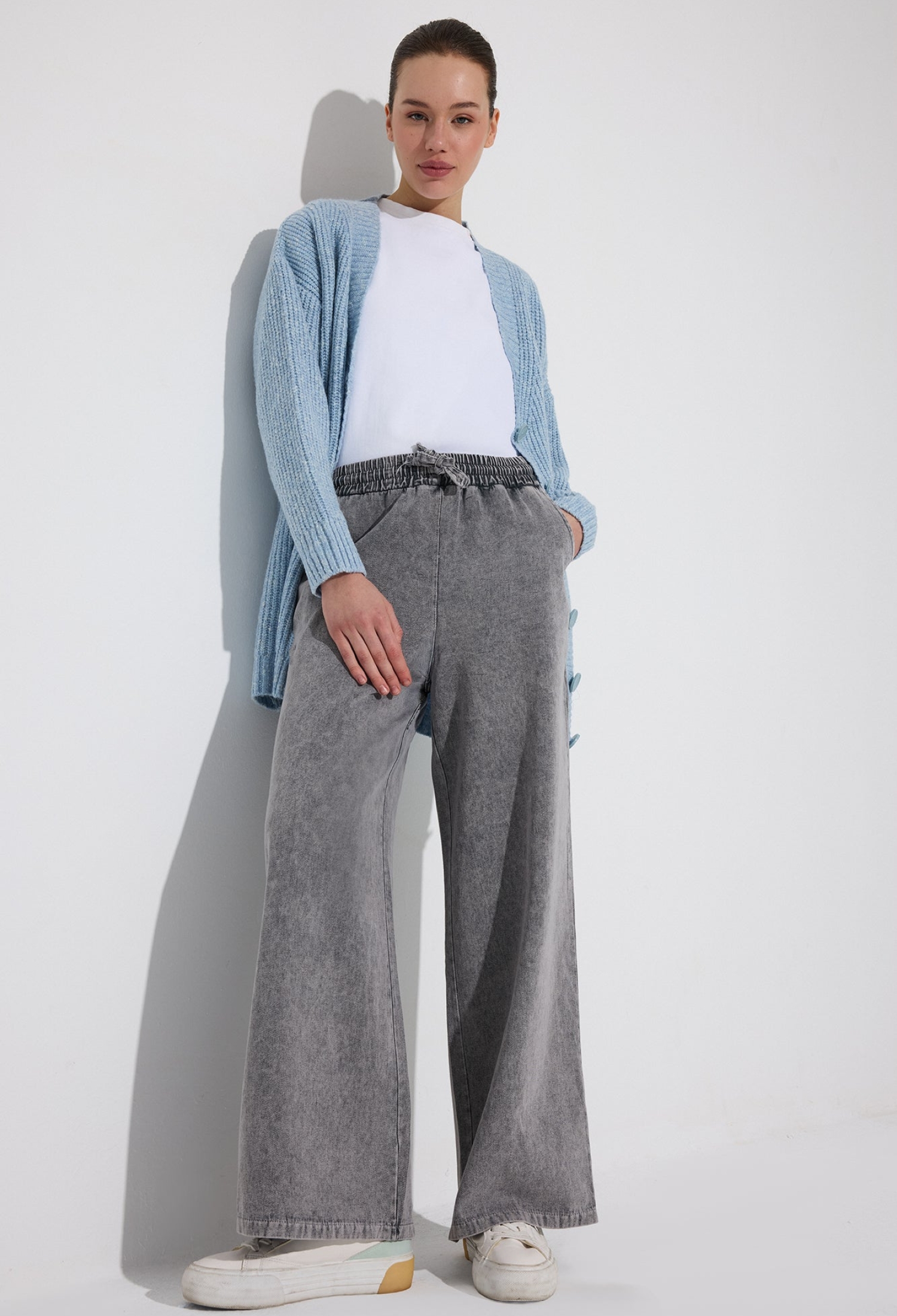 Grey Casual Palazzo Pants With Drawstring Waist - Brand: Touche Prive - Women & Kids, Baby Clothes Wholesale - TheBS Women