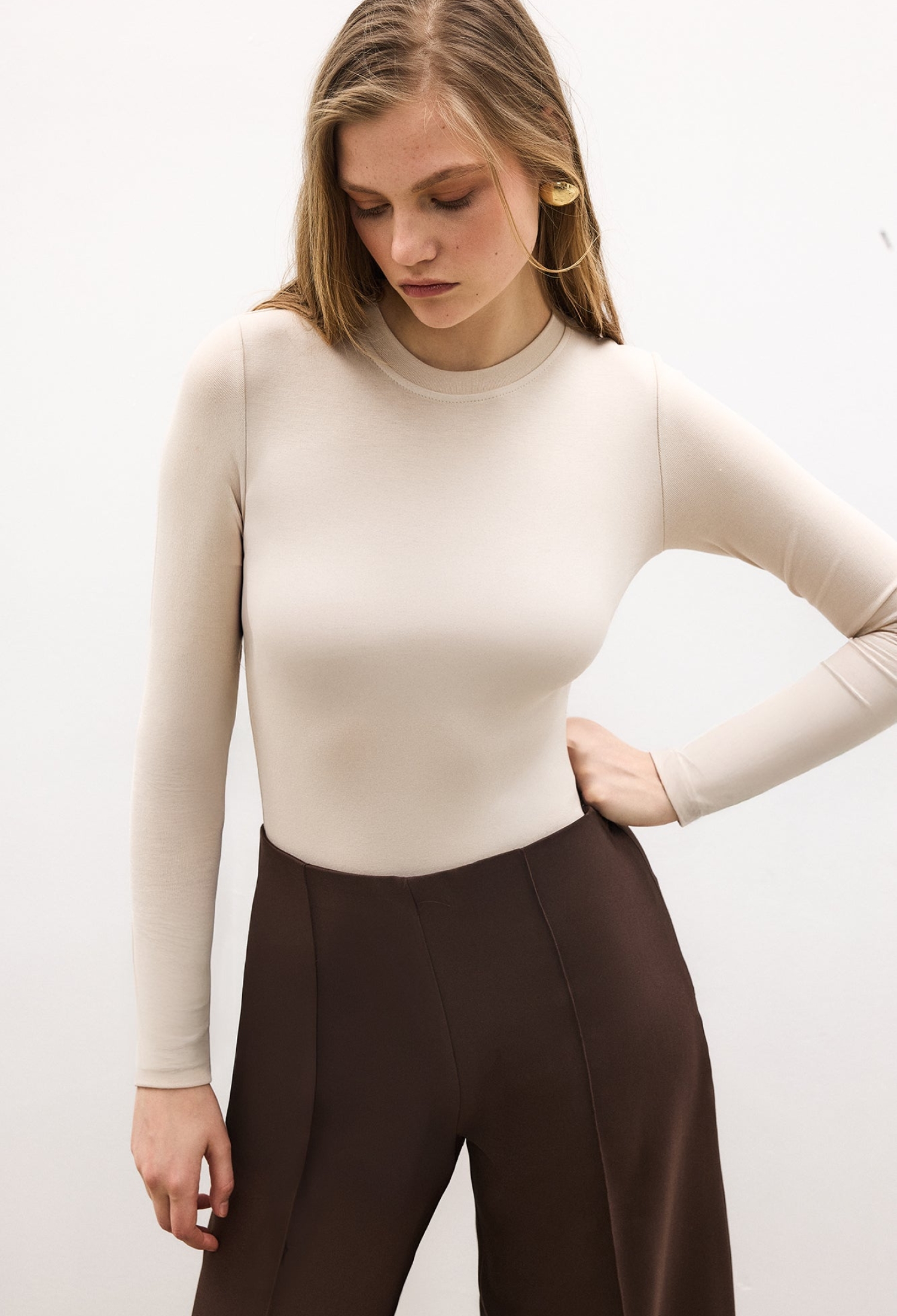 Beige Blouse With Crew Neck And Long Sleeves - Brand: Touche Prive - Women & Kids, Baby Clothes Wholesale - TheBS Women