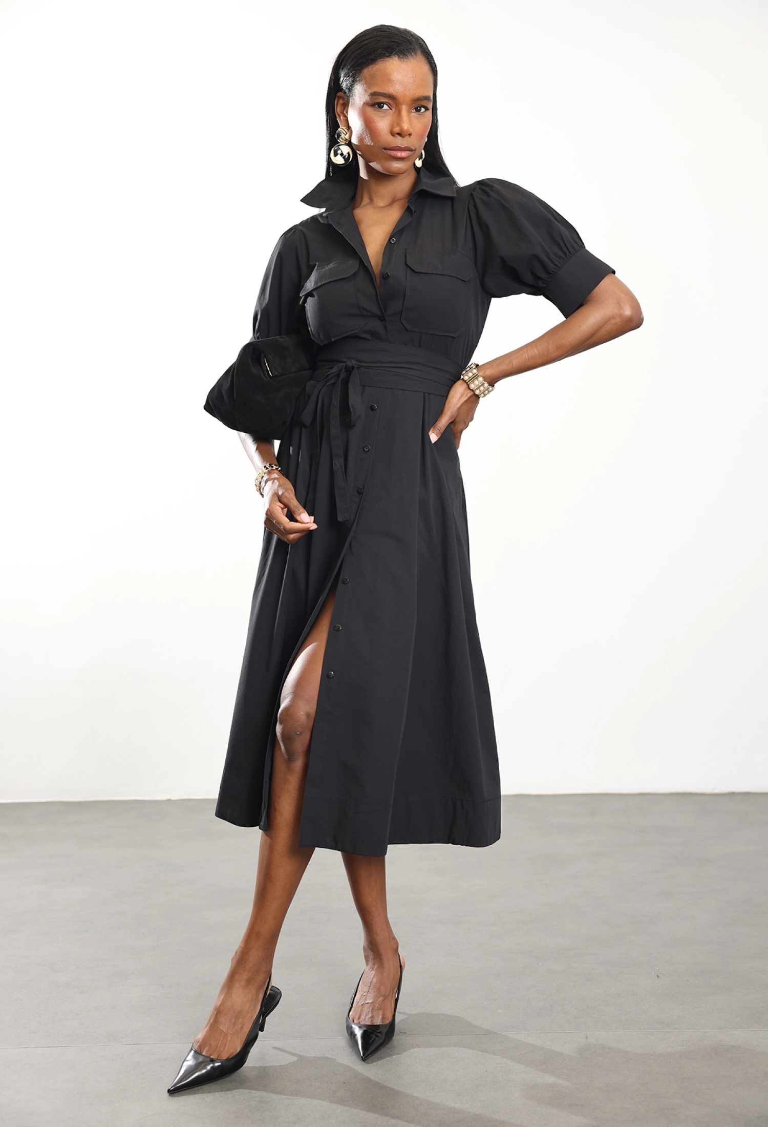 ElegantMidi Shirt Dress With Puff Sleeves - Brand: Cream Rouge - Women & Kids, Baby Clothes Wholesale - TheBS Women