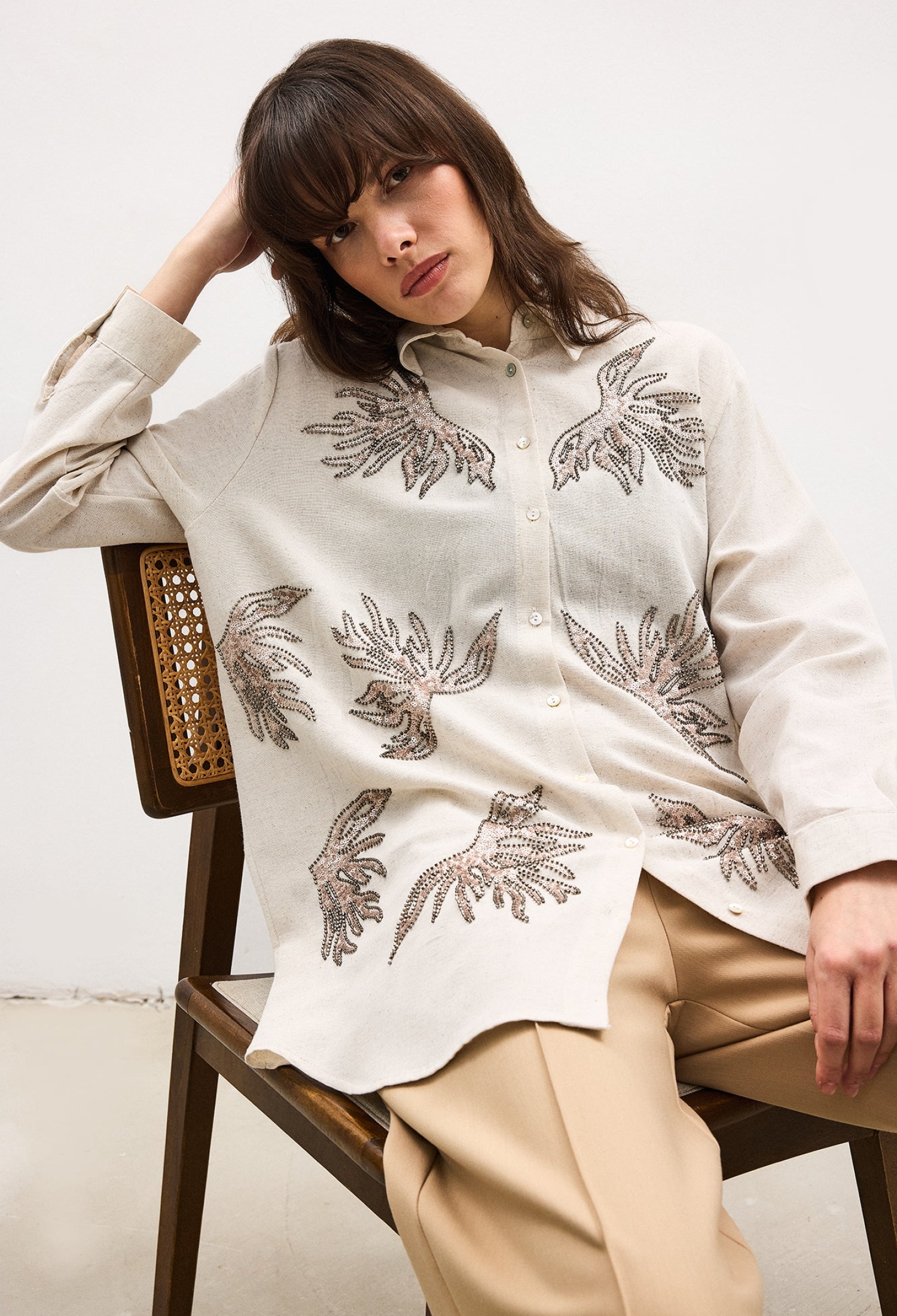 Beige Oversized Polo Neck Long Sleeve Shirt - Brand: Touche Prive - Women & Kids, Baby Clothes Wholesale - TheBS Women