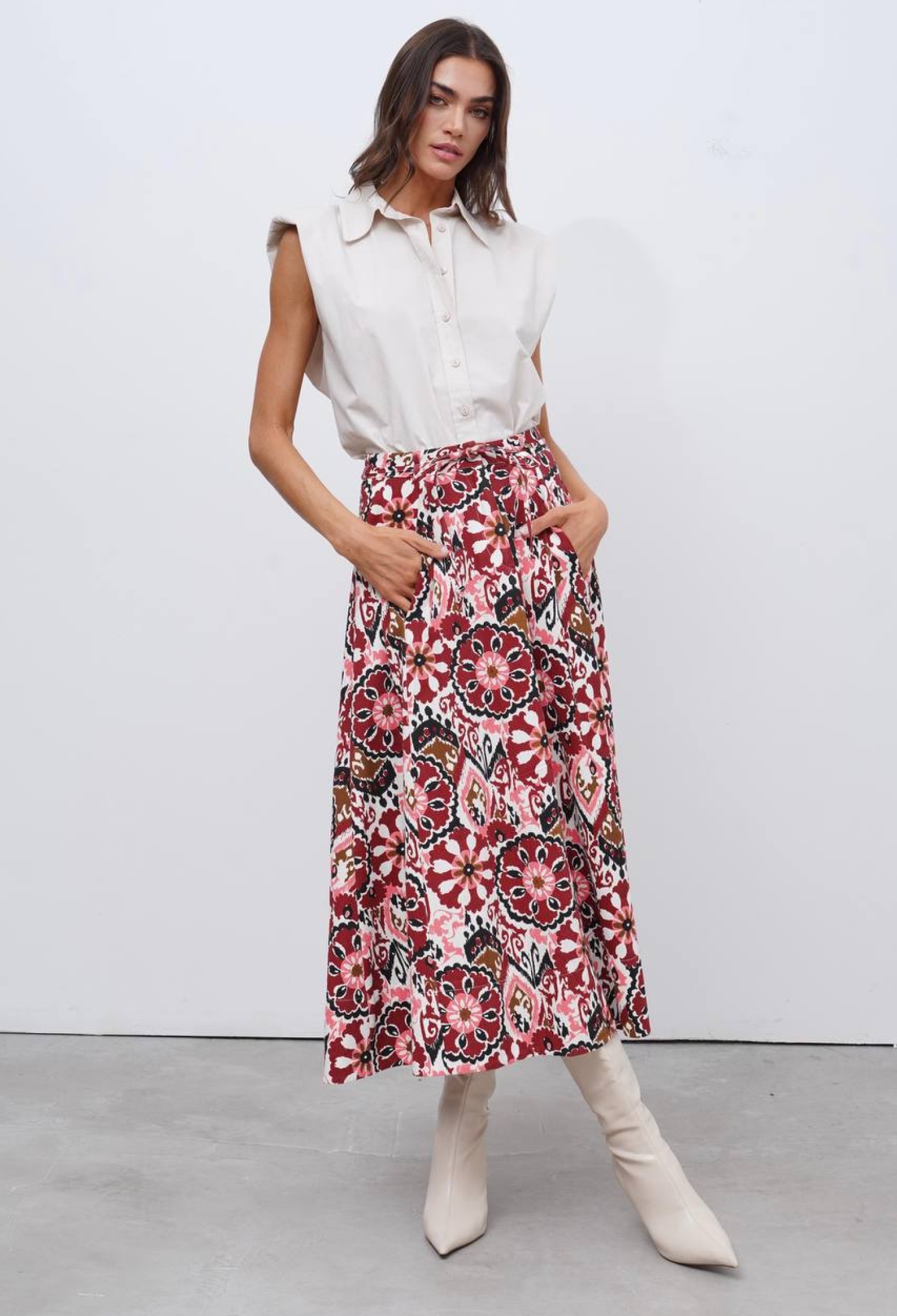 Red Ethnic Flared Maxi Skirt With Floral Pattern - Brand: Cream Rouge - Women & Kids, Baby Clothes Wholesale - TheBS Women