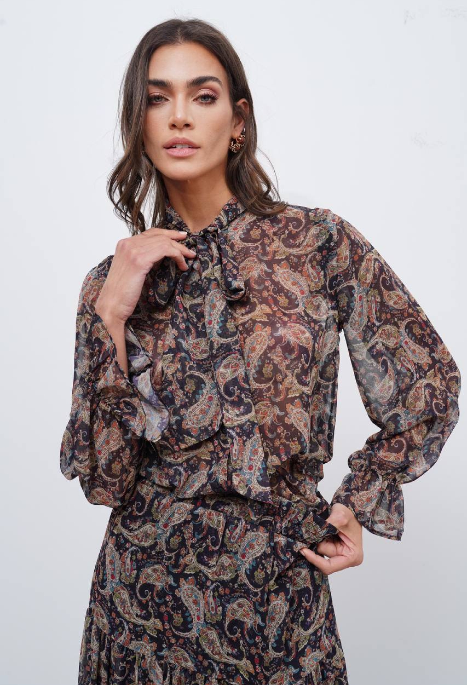 Brown Ethnic Paisley Blouse With Ruffle Sleeves - Brand: Cream Rouge - Women & Kids, Baby Clothes Wholesale - TheBS Women