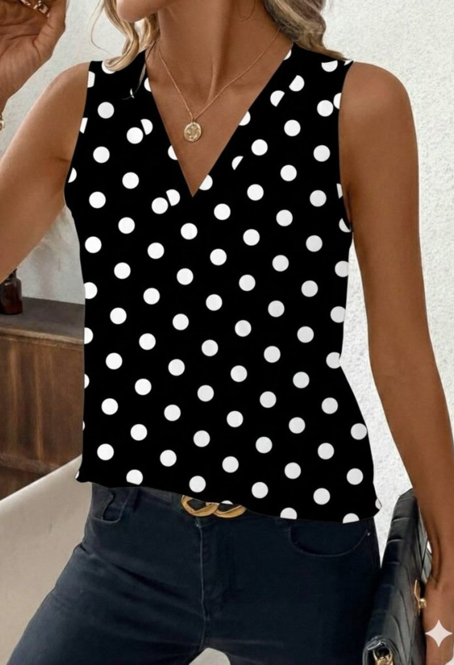 Polka Dot Sleeveless V-Neck Blouse - Brand: Janes - Women & Kids, Baby Clothes Wholesale - TheBS Women