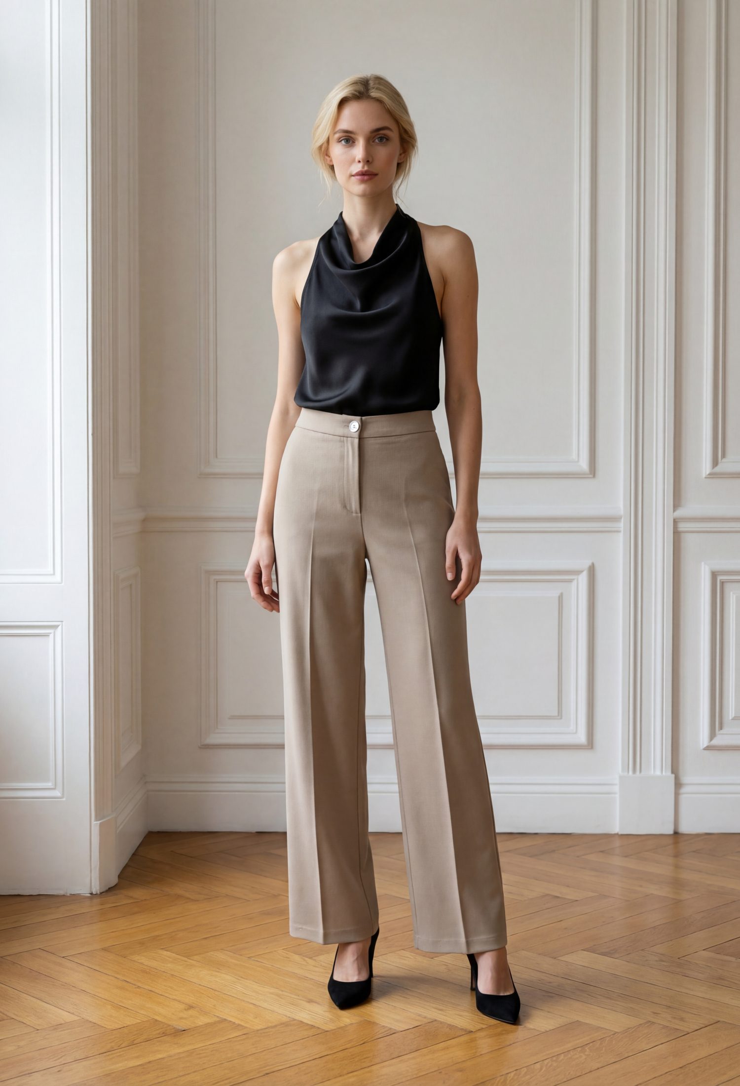 Beige Wide Leg Chinos Pants High Waist Formal Long - Brand: Ouz Fashion - Women & Kids, Baby Clothes Wholesale - TheBS Women