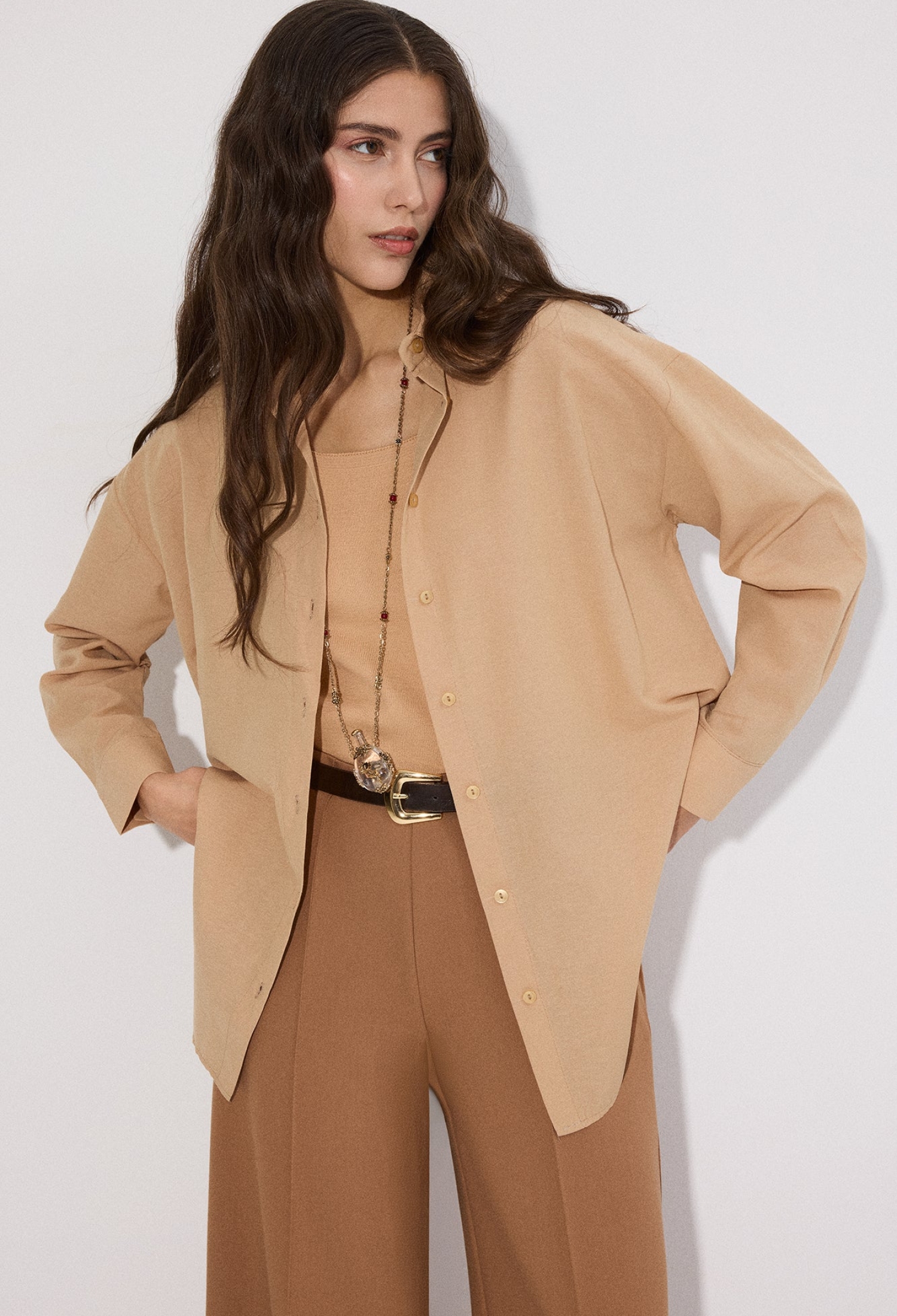 Beige Oversized Fit Polo Neck Shirt - Brand: Touche Prive - Women & Kids, Baby Clothes Wholesale - TheBS Women