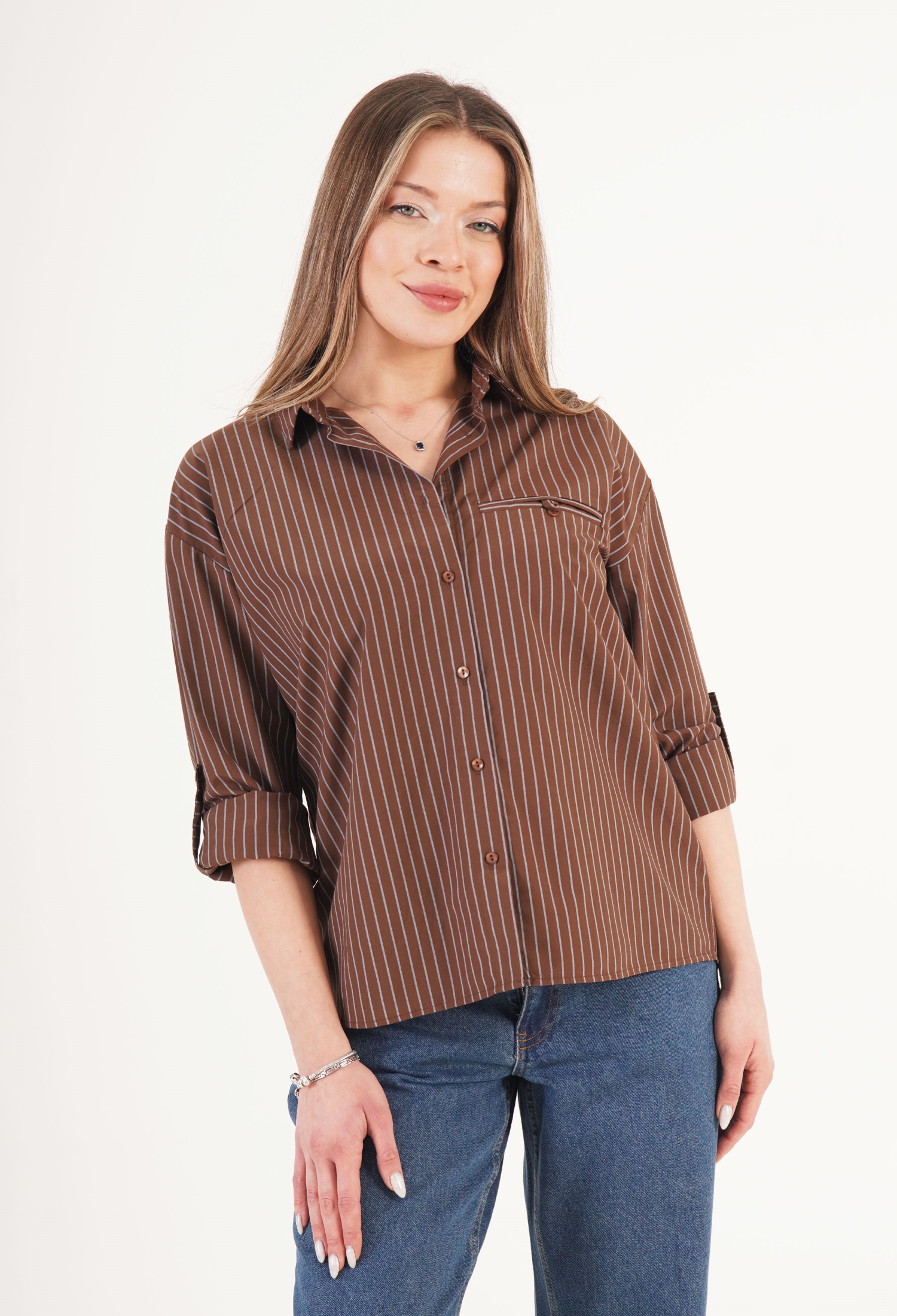 Brown Striped Casual Formal Preppy Shirt - Brand: Lustrin - Women & Kids, Baby Clothes Wholesale - TheBS Women
