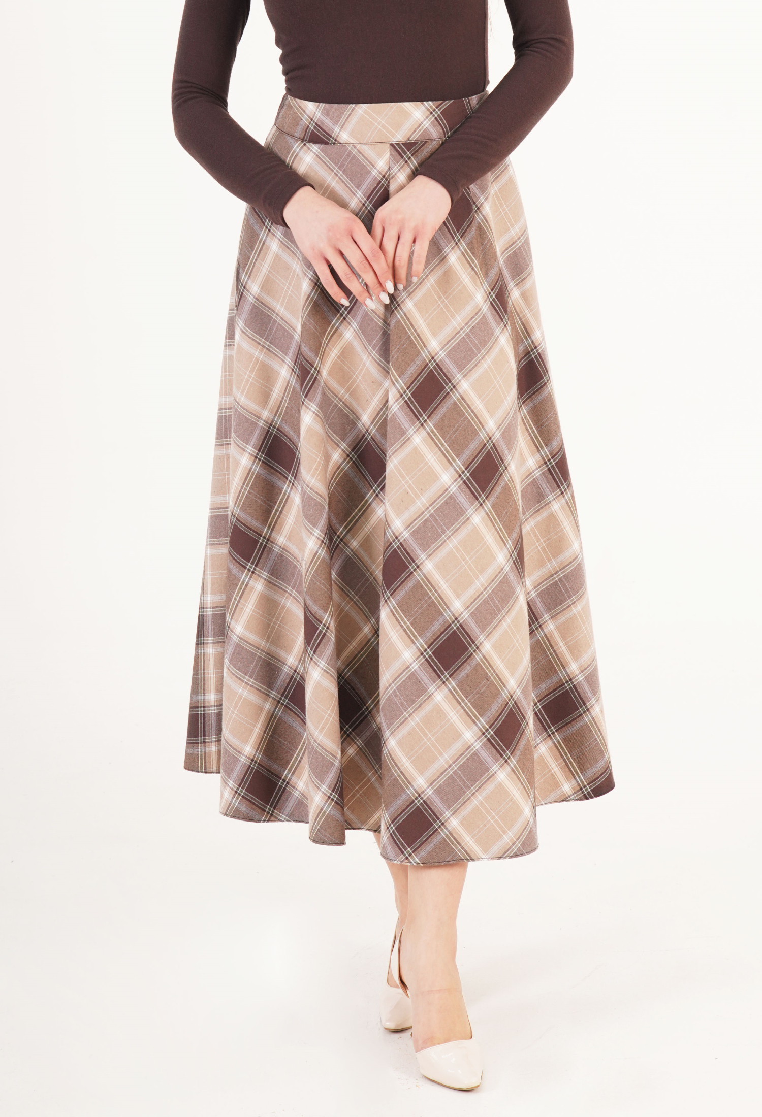 Beige Plaid A-Line Midi High Waist Skirt - Brand: Lustrin - Women & Kids, Baby Clothes Wholesale - TheBS Women