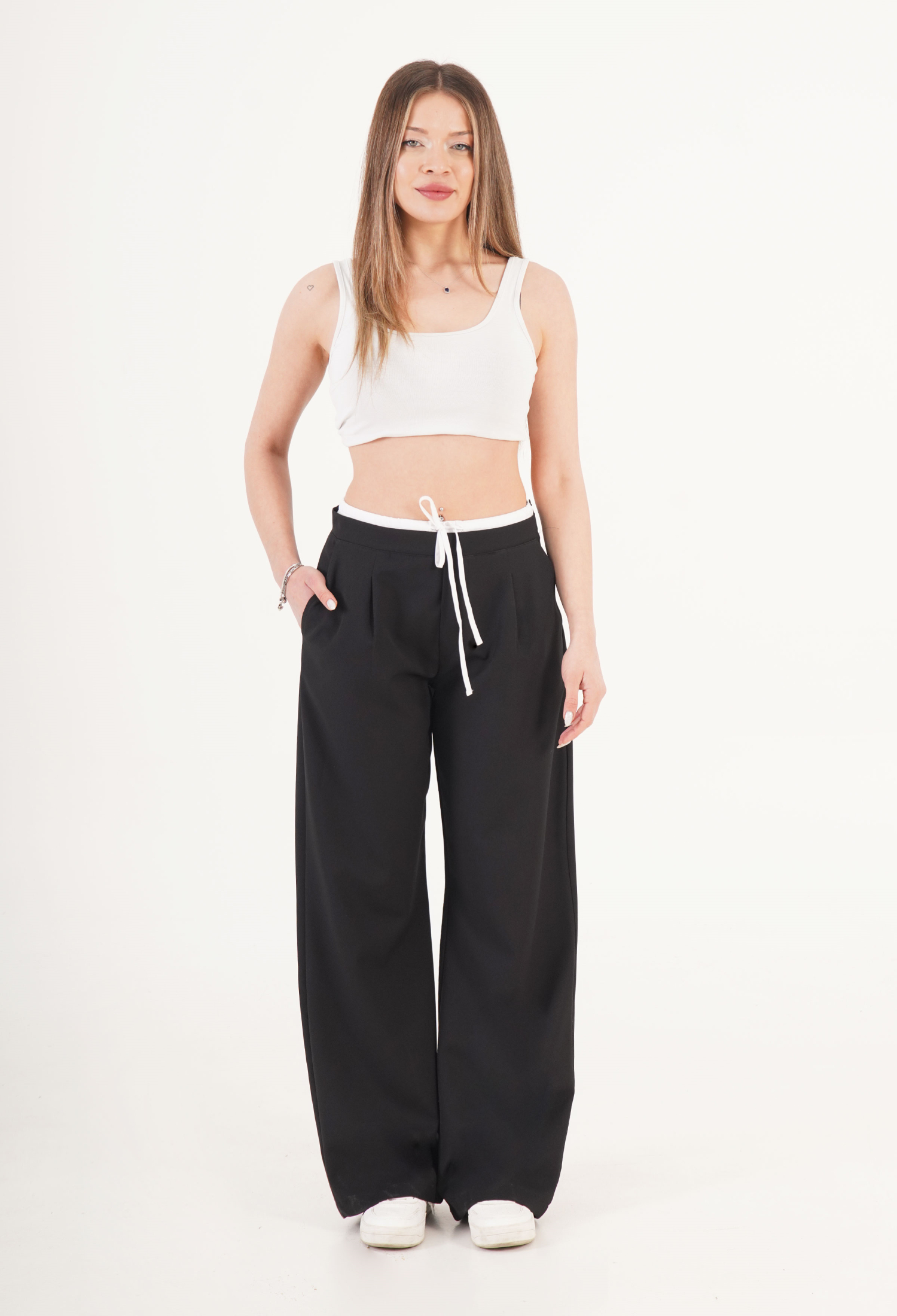 Wide Leg Palazzo Pants With Drawstring & Slant Pocket - Brand: Lustrin - Women & Kids, Baby Clothes Wholesale - TheBS Women