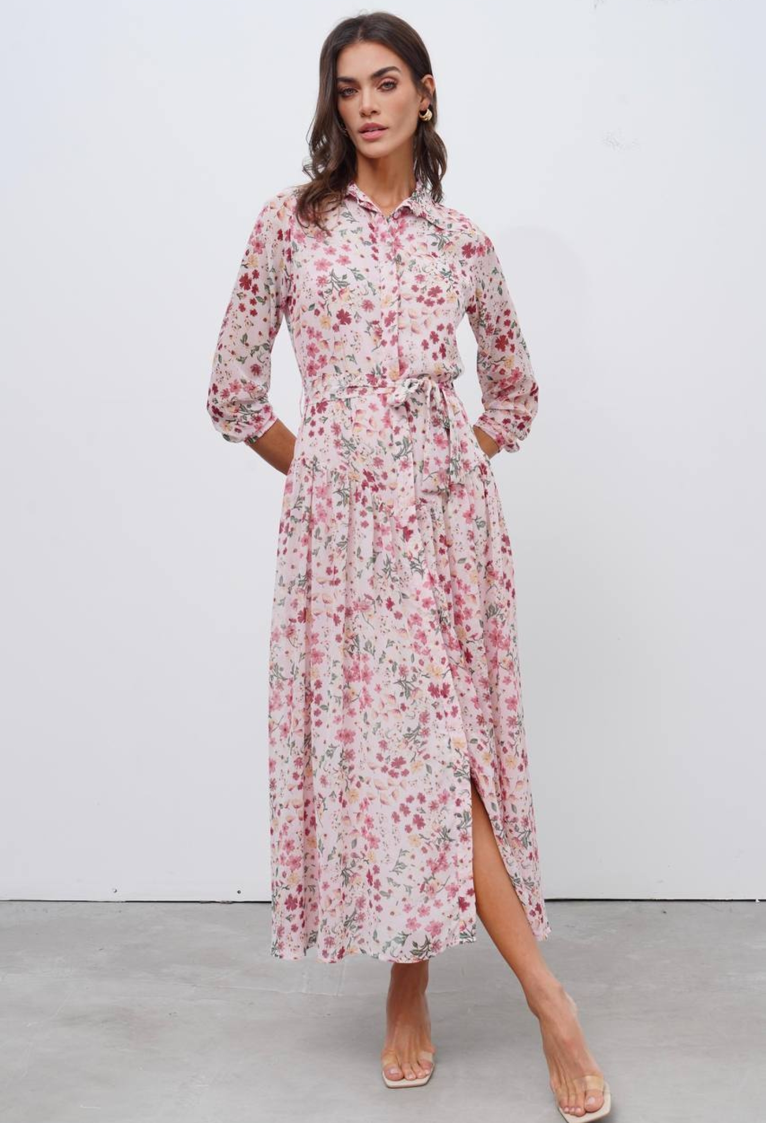 Pink Floral Maxi Shirt Dress With 3/4 Straight Sleeves - Brand: Cream Rouge - Women & Kids, Baby Clothes Wholesale - TheBS Women