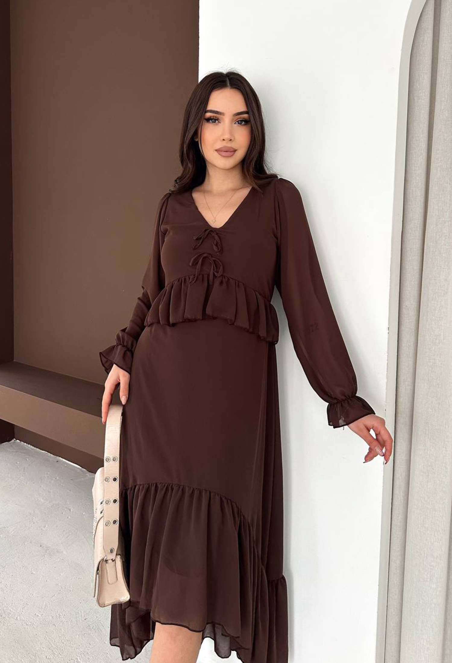 Brown Fit And Flare Midi Dress With V-Neck - Brand: Mode Roy - Women & Kids, Baby Clothes Wholesale - TheBS Women