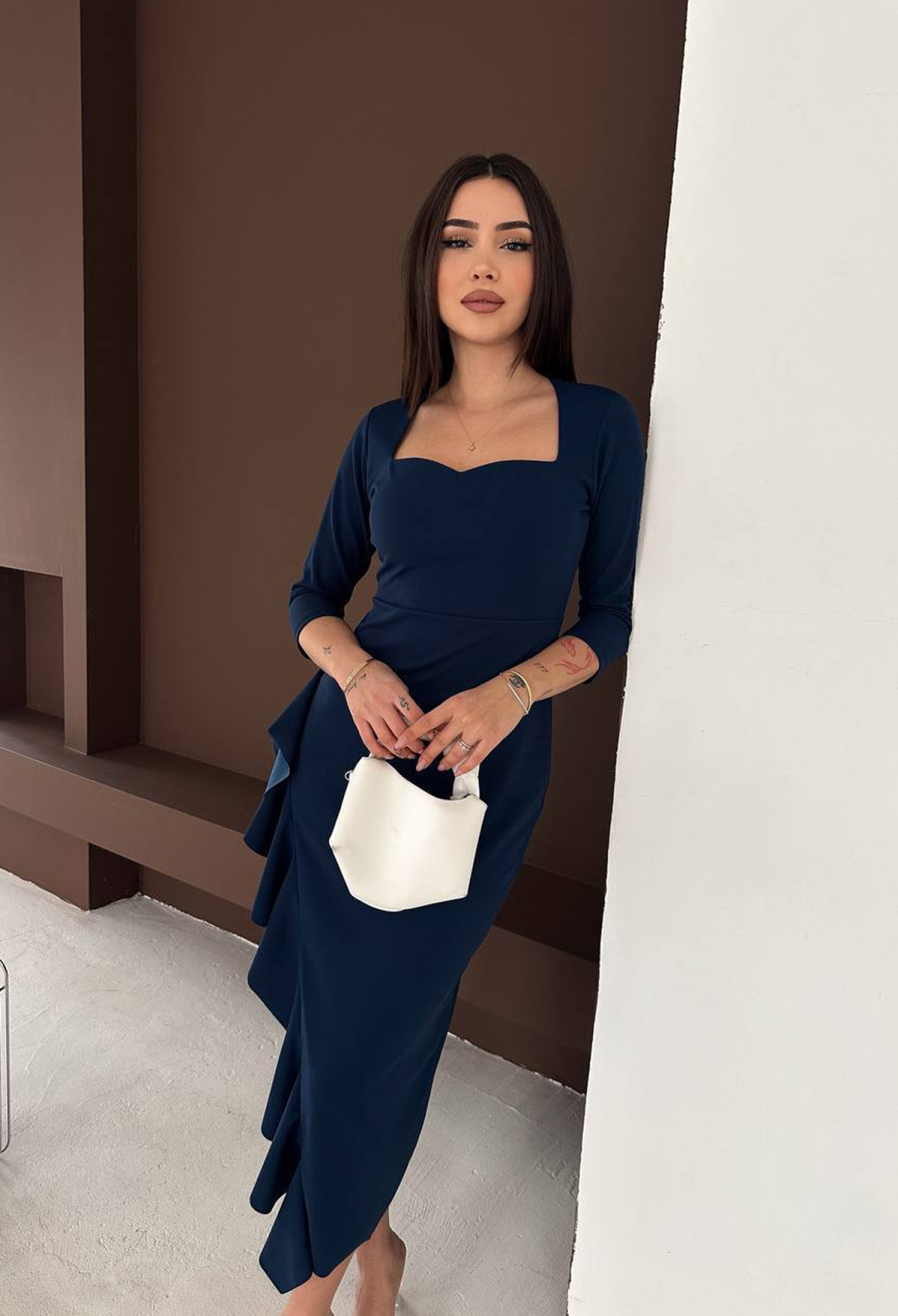 Elegant Navy Blue Sheath Dress With Square Neck - Brand: Mode Roy - Women & Kids, Baby Clothes Wholesale - TheBS Women