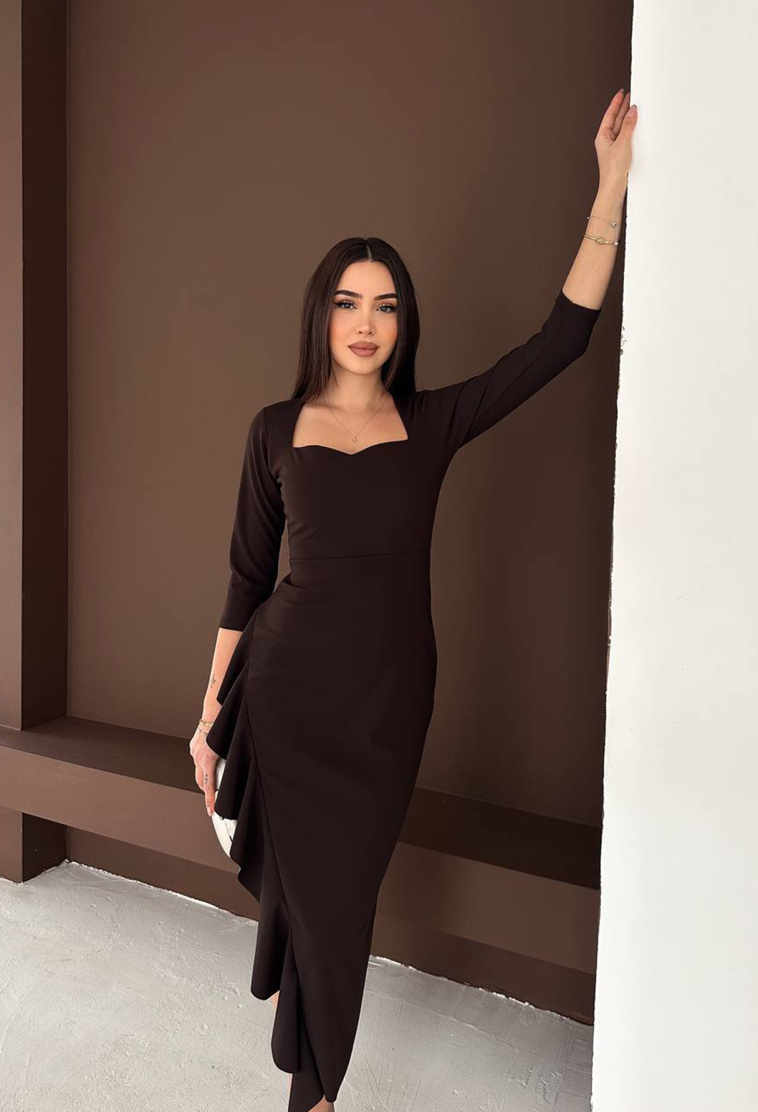 Elegant Brown Sheath Dress With Sweetheart Neck - Brand: Mode Roy - Women & Kids, Baby Clothes Wholesale - TheBS Women