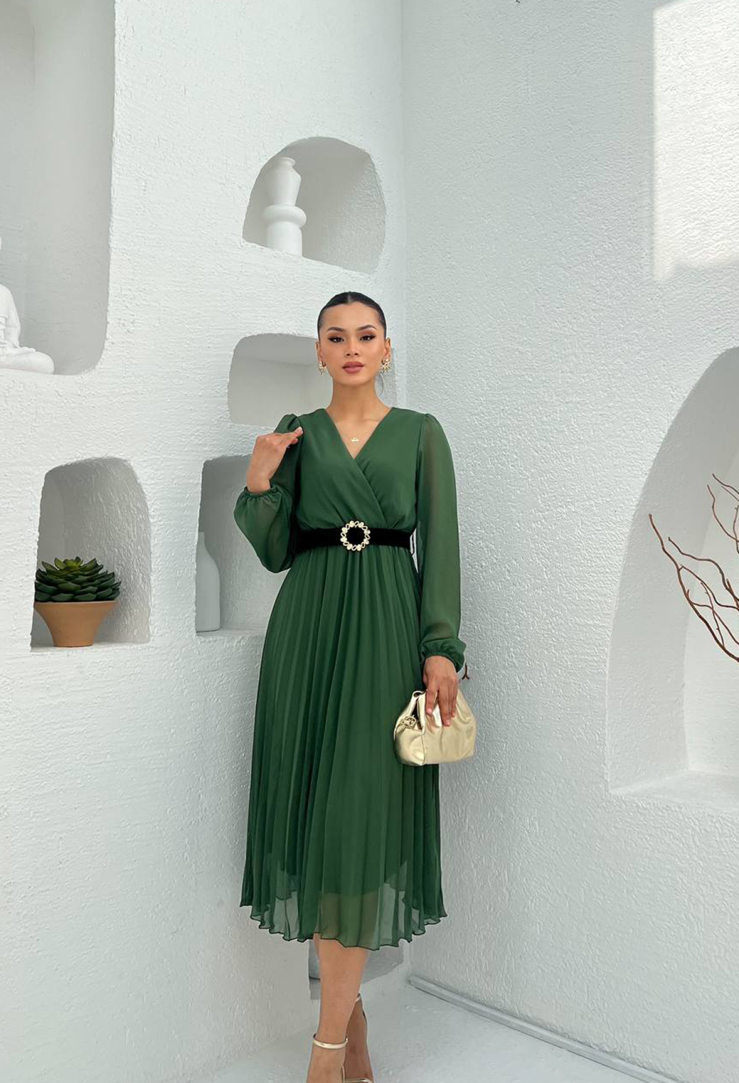Elegant Green Wrap Dress With V-Neck And Long Sleeves - Brand: Mode Roy - Women & Kids, Baby Clothes Wholesale - TheBS Women