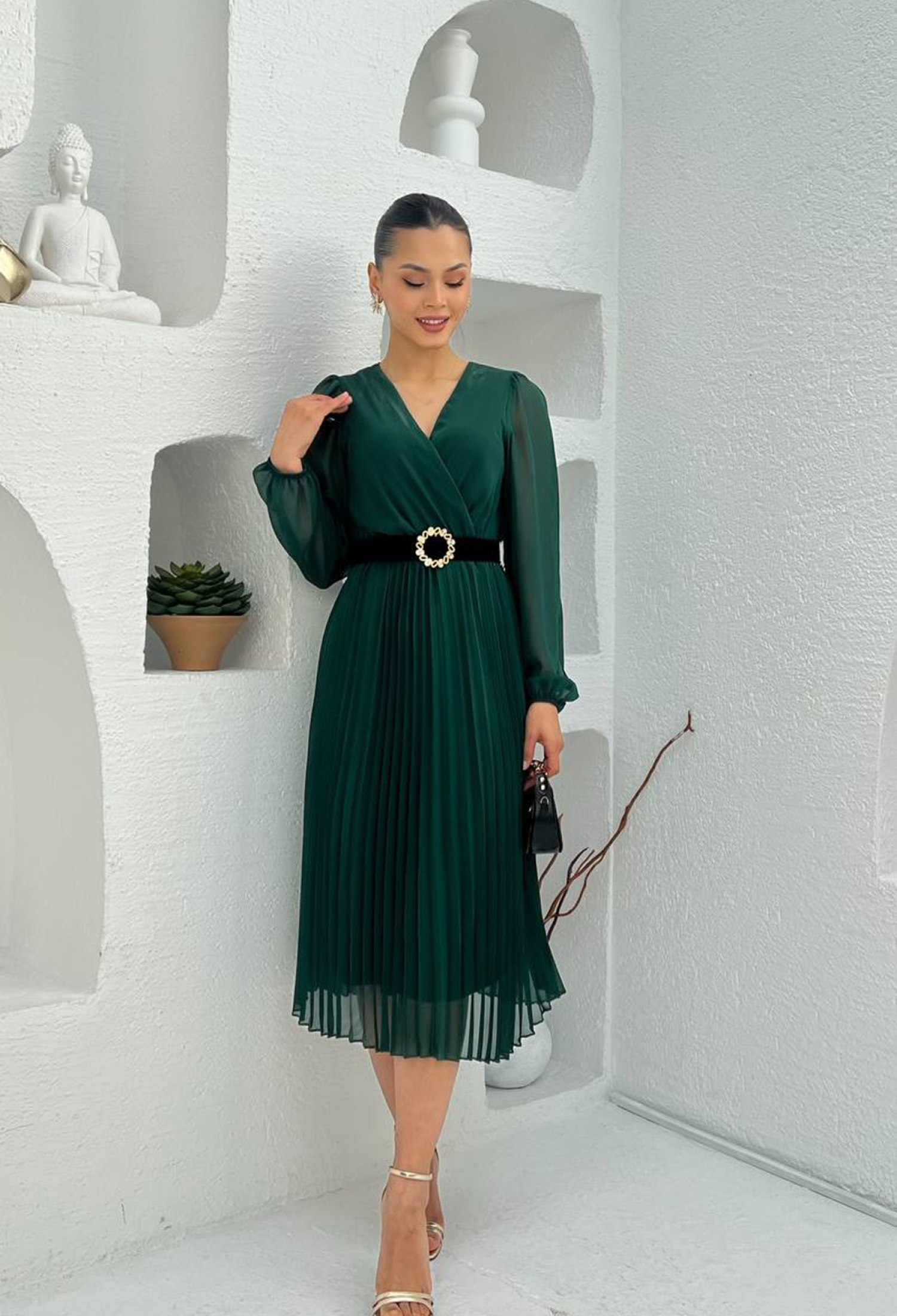 Elegant Green Wrap Dress With V-Neck And Long Sleeves - Brand: Mode Roy - Women & Kids, Baby Clothes Wholesale - TheBS Women