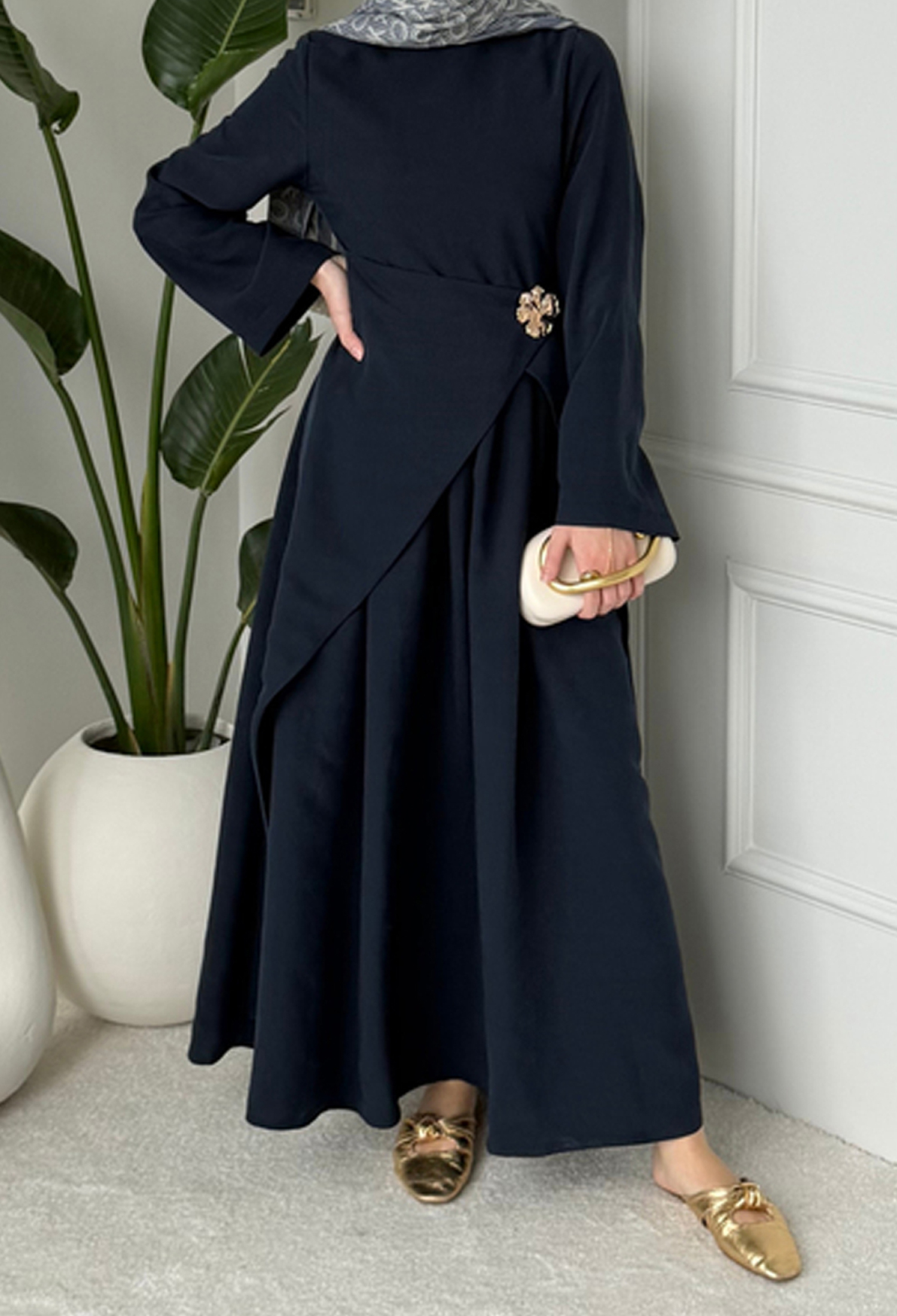 Navy Blue Elegant Modest Formal Wrap Dress - Brand: Mode Roy - Women & Kids, Baby Clothes Wholesale - TheBS Women