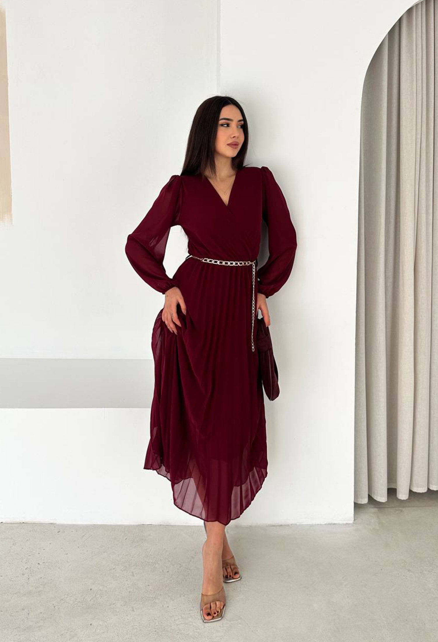 Claret Red Wrap V-Neck Elegant Midi Dress - Brand: Mode Roy - Women & Kids, Baby Clothes Wholesale - TheBS Women