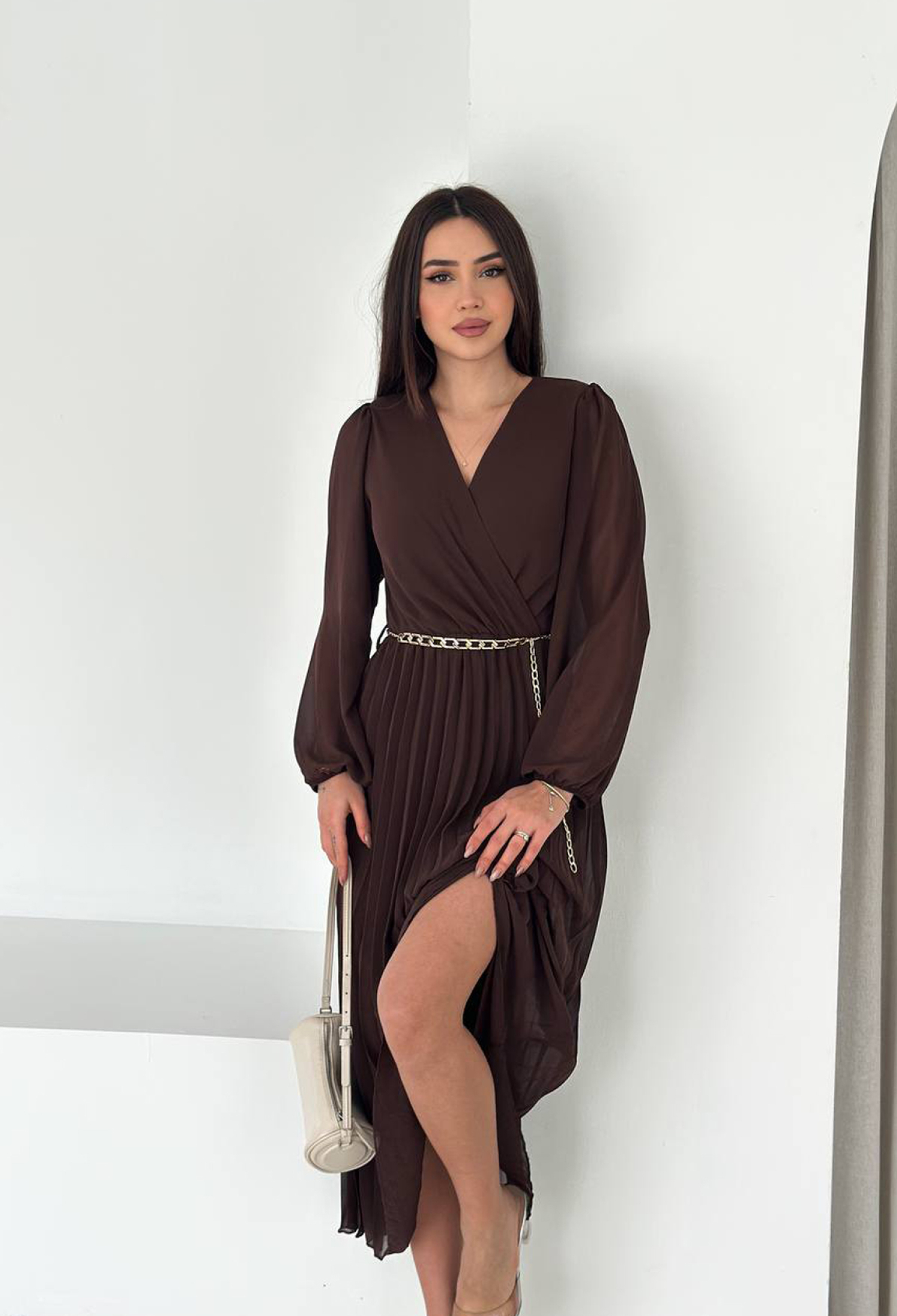 Elegant Brown Wrap Maxi Dress - Brand: Mode Roy - Women & Kids, Baby Clothes Wholesale - TheBS Women