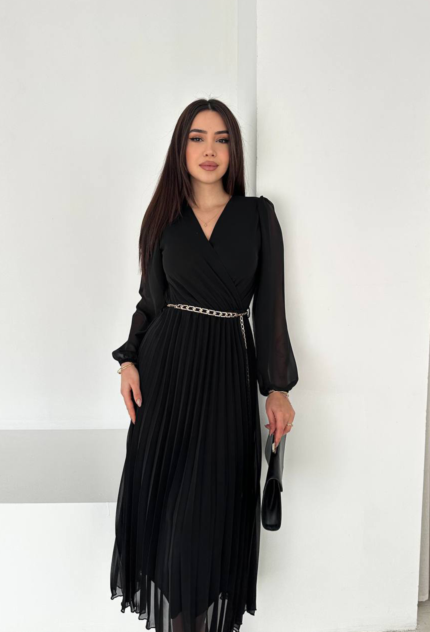 Elegant Black Wrap Midi Dress With V-Neck - Brand: Mode Roy - Women & Kids, Baby Clothes Wholesale - TheBS Women