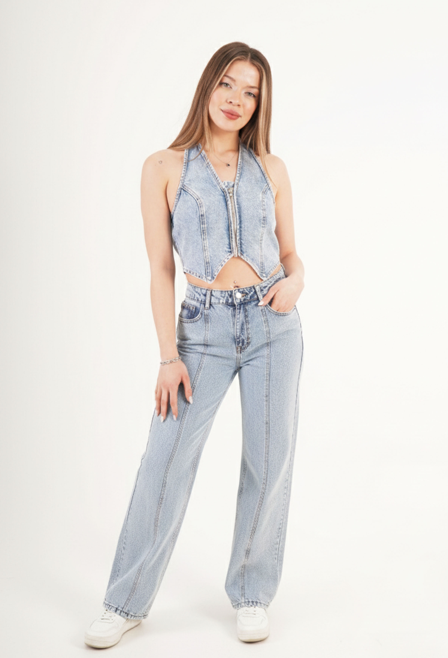 Blue Set With Halter Neck & Wide Leg Bootcut Pants - Brand: Lustrin - Women & Kids, Baby Clothes Wholesale - TheBS Women