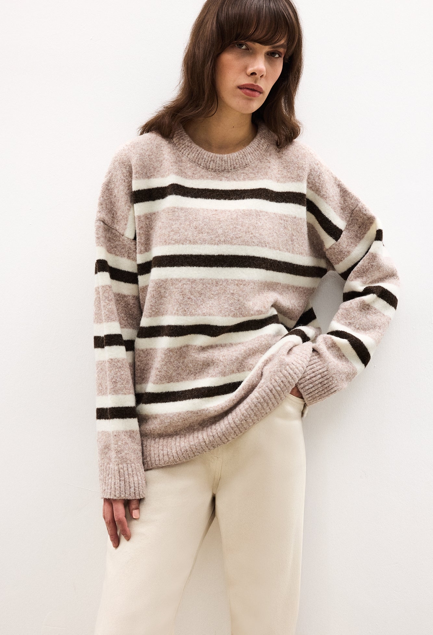 Beige Sweater With Striped Pattern And Oversized Fit - Brand: Touche Prive - Women & Kids, Baby Clothes Wholesale - TheBS Women