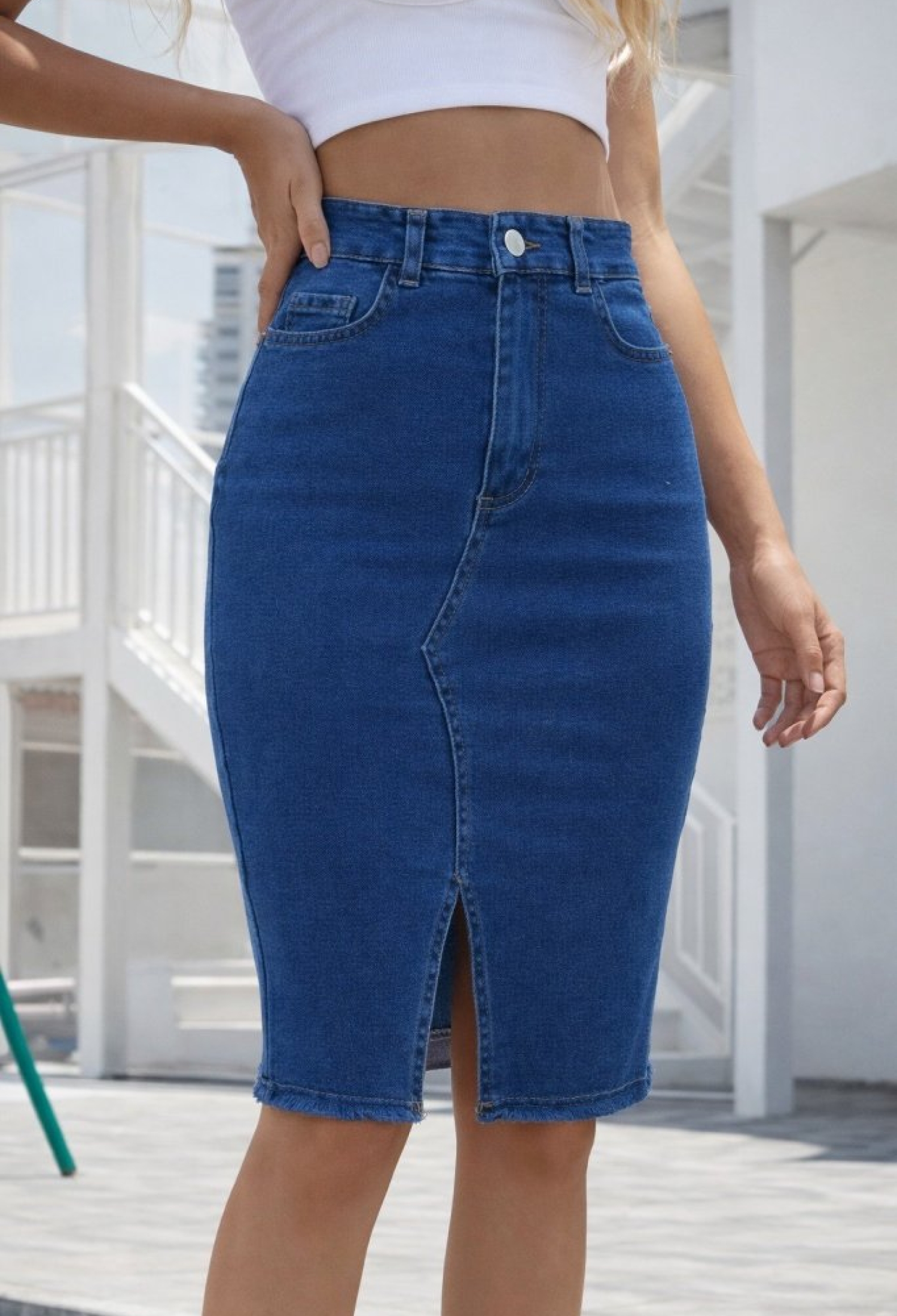 Blue Pencil Skirt With High Waist And Buttoned Closure - Brand: Janes - Women & Kids, Baby Clothes Wholesale - TheBS Women