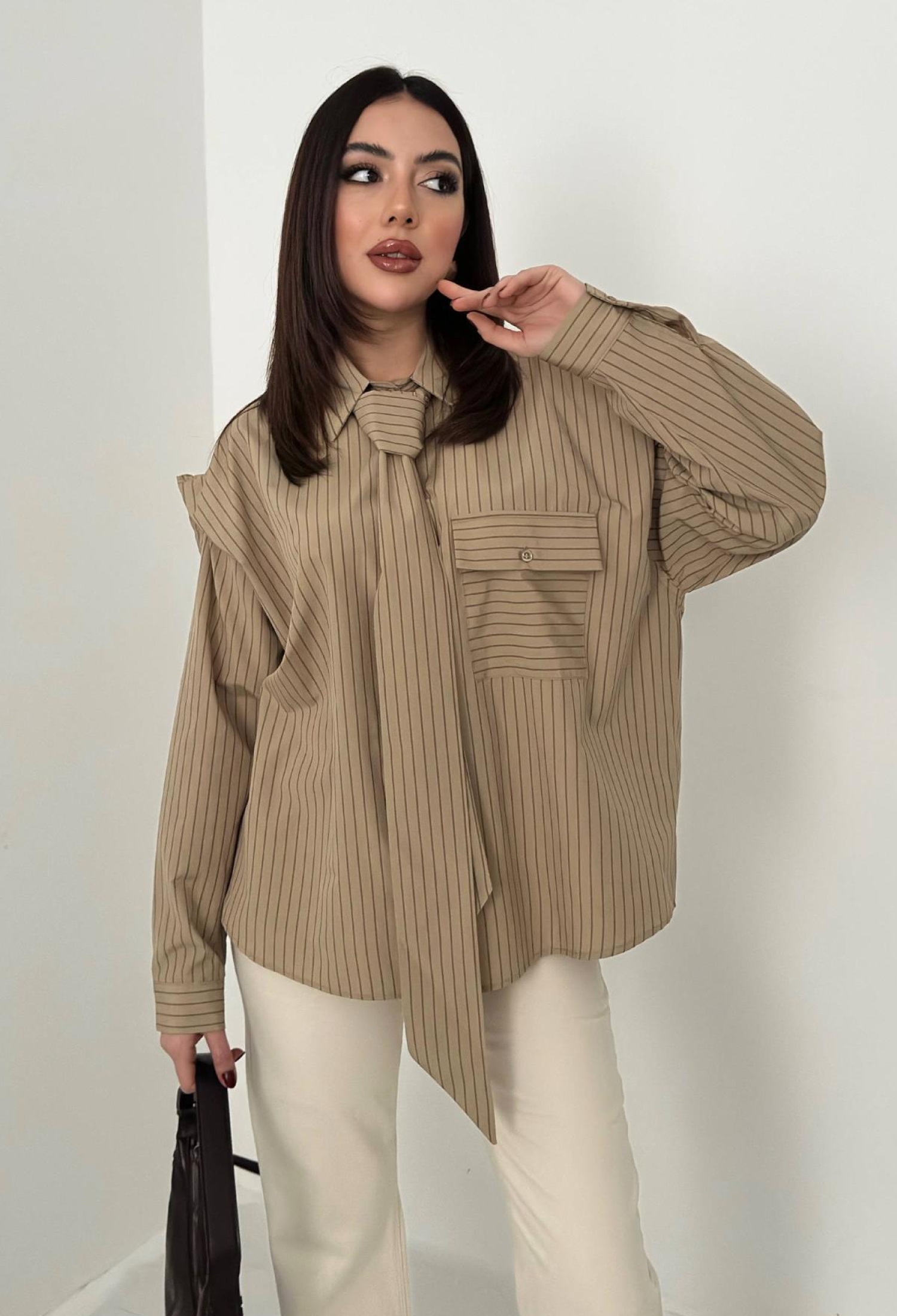 Khaki Striped Oversized Fit Polo Neck Shirt - Brand: Elisa - Women & Kids, Baby Clothes Wholesale - TheBS Women