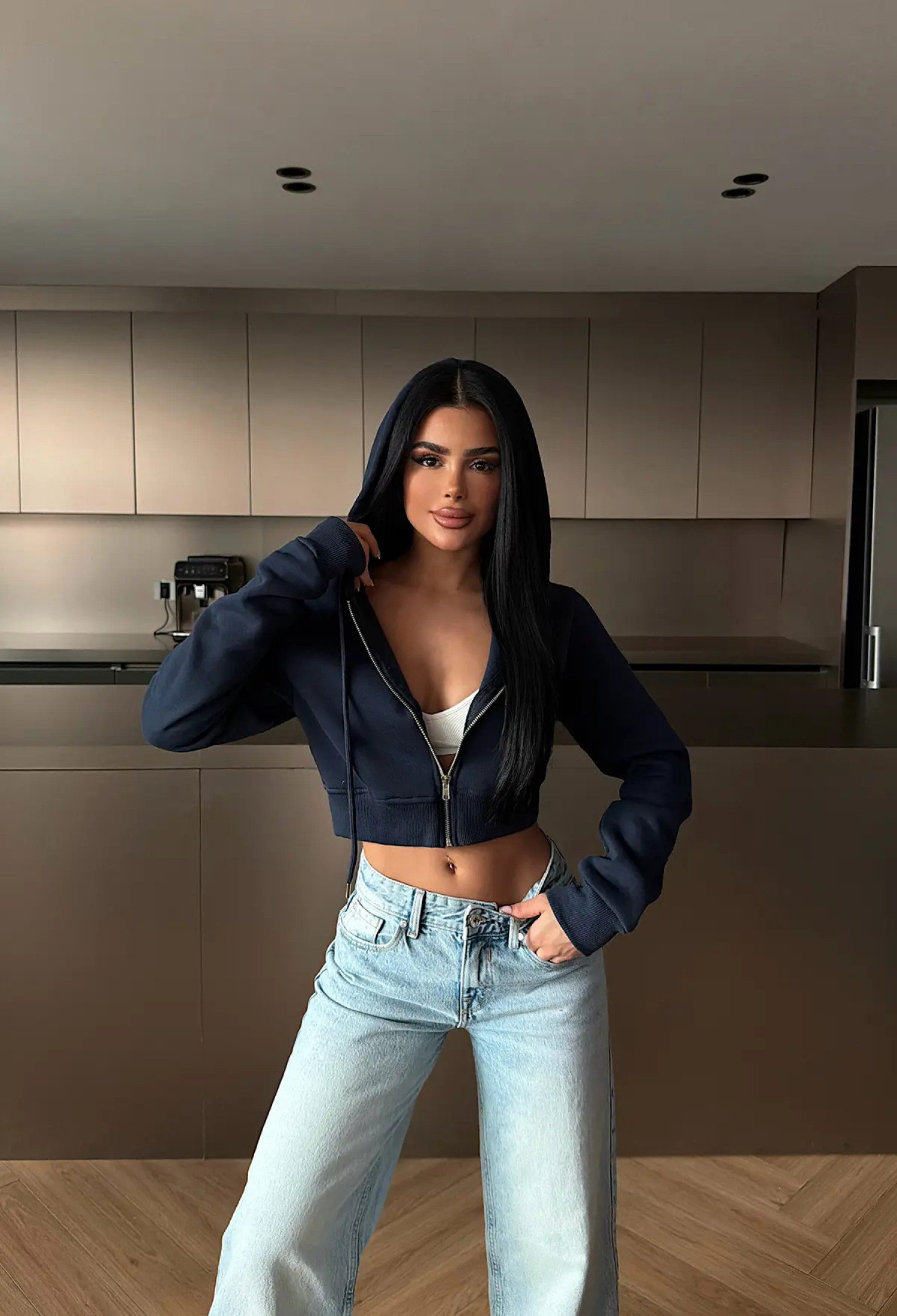 NavyZip-Up Slim Fit Hooded Neck Crop Cardigan - Brand: EYYO ATELIER - Women & Kids, Baby Clothes Wholesale - TheBS Women