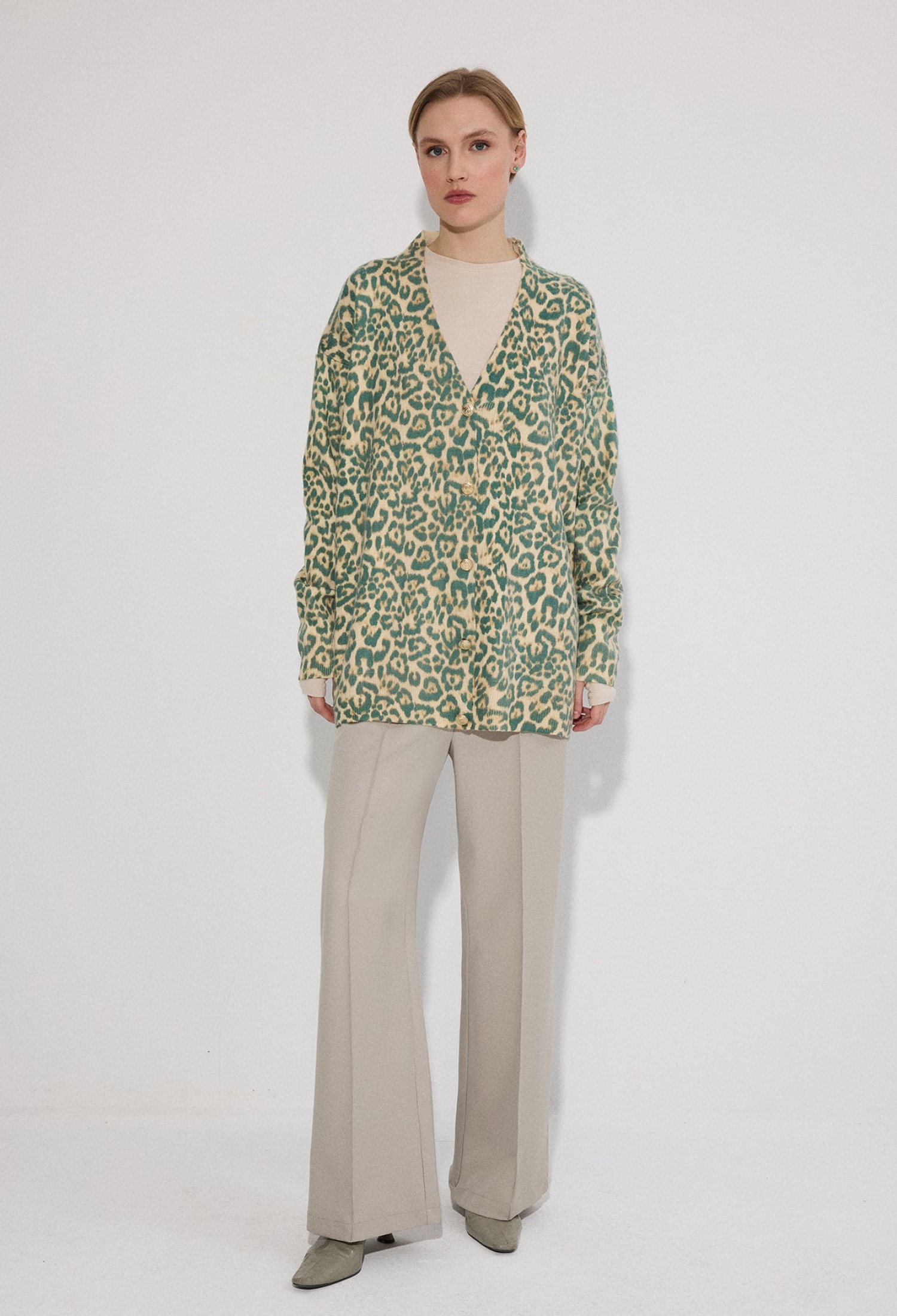 Beige Cardigan With Animal PrintOversized FitButtoned - Brand: Touche Prive - Women & Kids, Baby Clothes Wholesale - TheBS Women