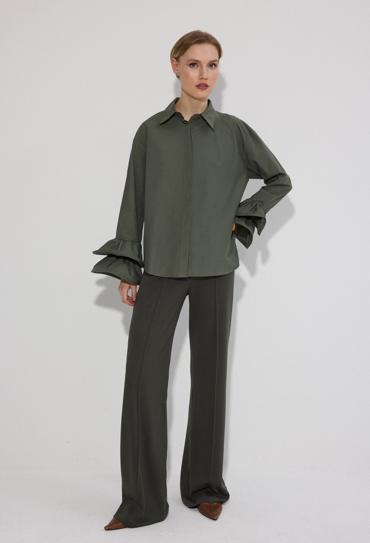 Green Elegant Shirt With Ruffle Sleeves - Brand: Touche Prive - Women & Kids, Baby Clothes Wholesale - TheBS Women