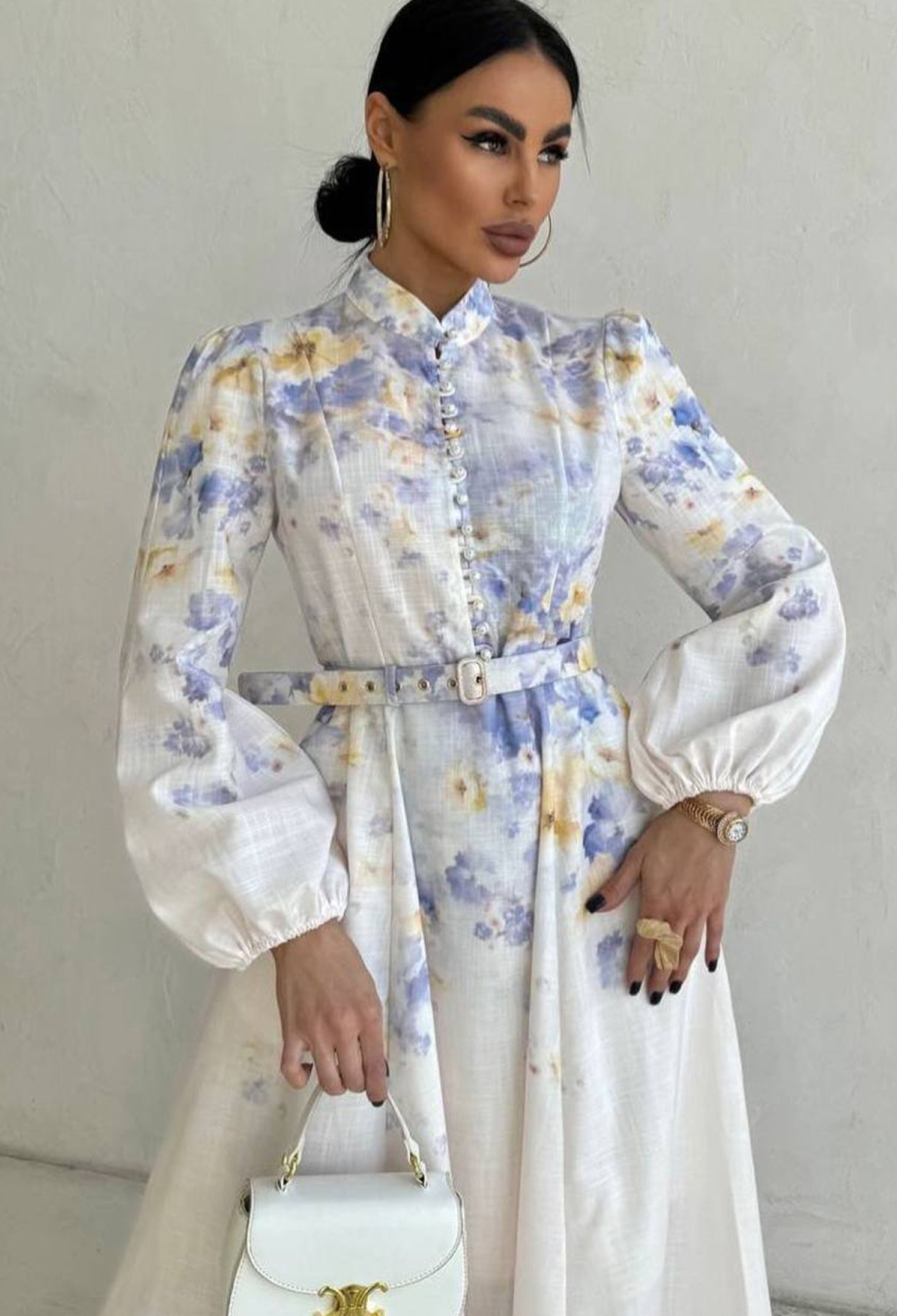 Elegant White A-Line Midi Dress With Balloon Sleeves - Brand: Mode Roy - Women & Kids, Baby Clothes Wholesale - TheBS Women