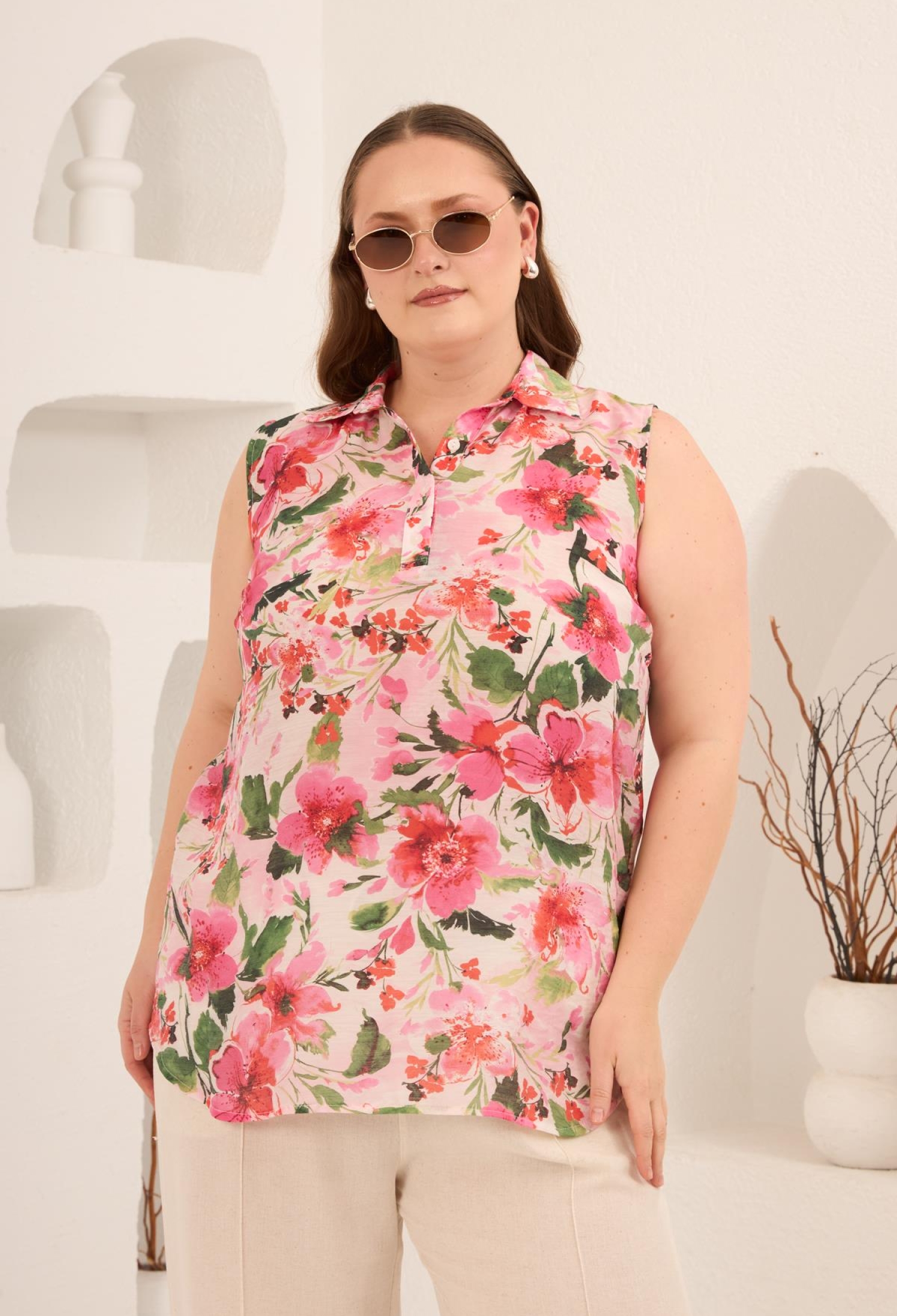 Pink Floral Sleeveless Polo Neck Blouse - Brand: RMG - Women & Kids, Baby Clothes Wholesale - TheBS Women