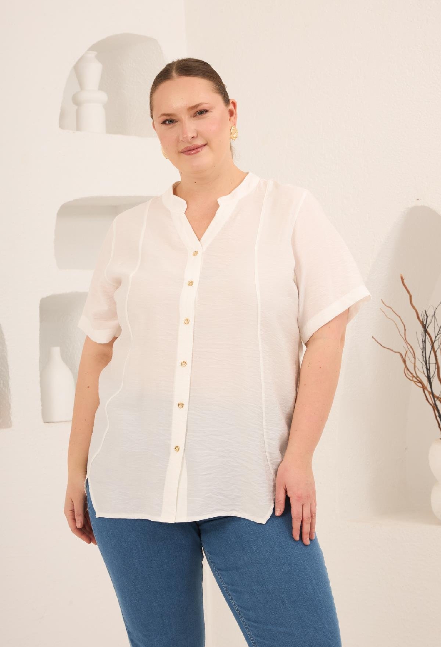 White Modest Plus Size Grandad Neck Blouse - Brand: RMG - Women & Kids, Baby Clothes Wholesale - TheBS Women