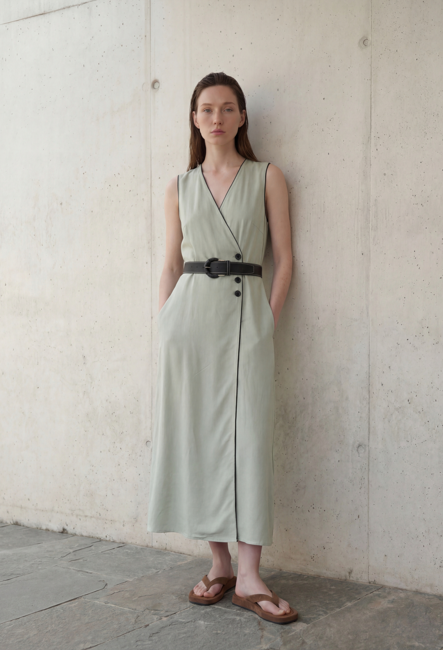 Khaki Wrap Dress With V-Neck And Cap Sleeves - Brand: My Fashion - Women & Kids, Baby Clothes Wholesale - TheBS Women