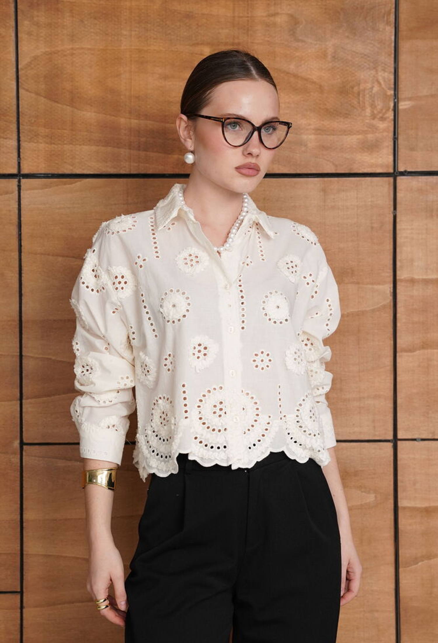 White Floral Crop Shirt With Polo Neck  Buttoned - Brand: Topshow - Women & Kids, Baby Clothes Wholesale - TheBS Women