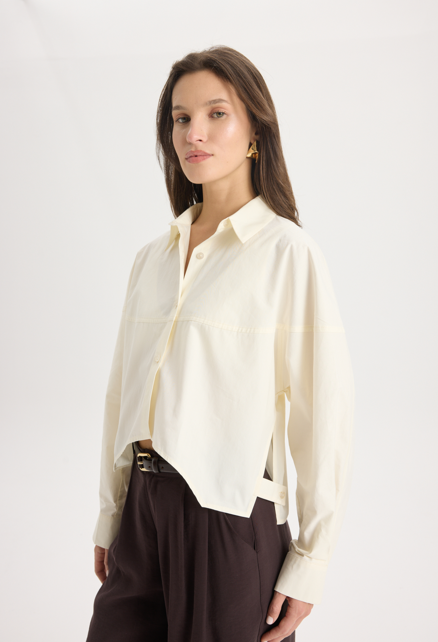 Ecru Shirt With Shawl Collar  Long Sleeve  Crop  Casual - Brand: Mai Collection - Women & Kids, Baby Clothes Wholesale - TheBS Women