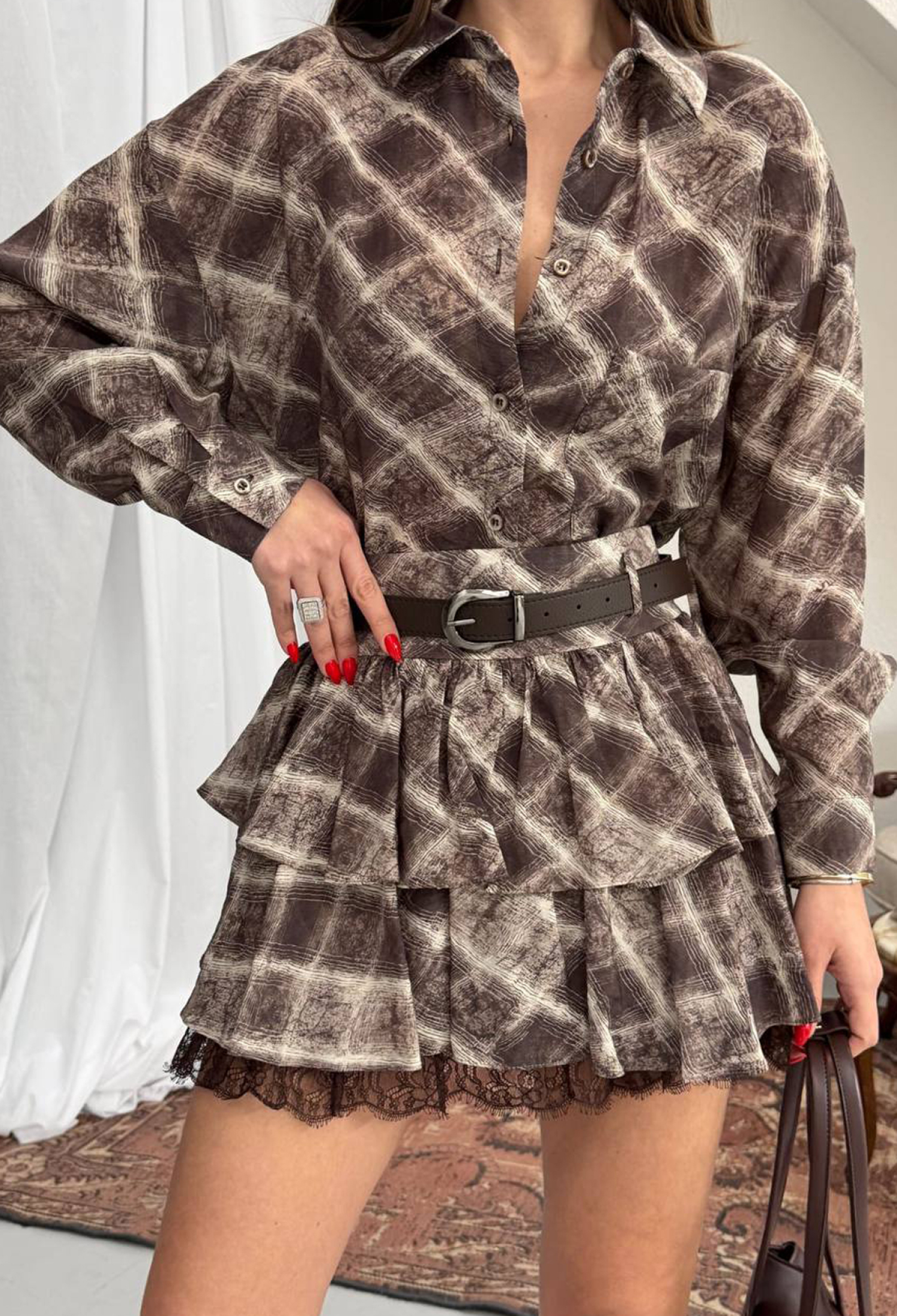 Checkered Mini Shirt Dress With Notched Neck - Brand: Mode Roy - Women & Kids, Baby Clothes Wholesale - TheBS Women