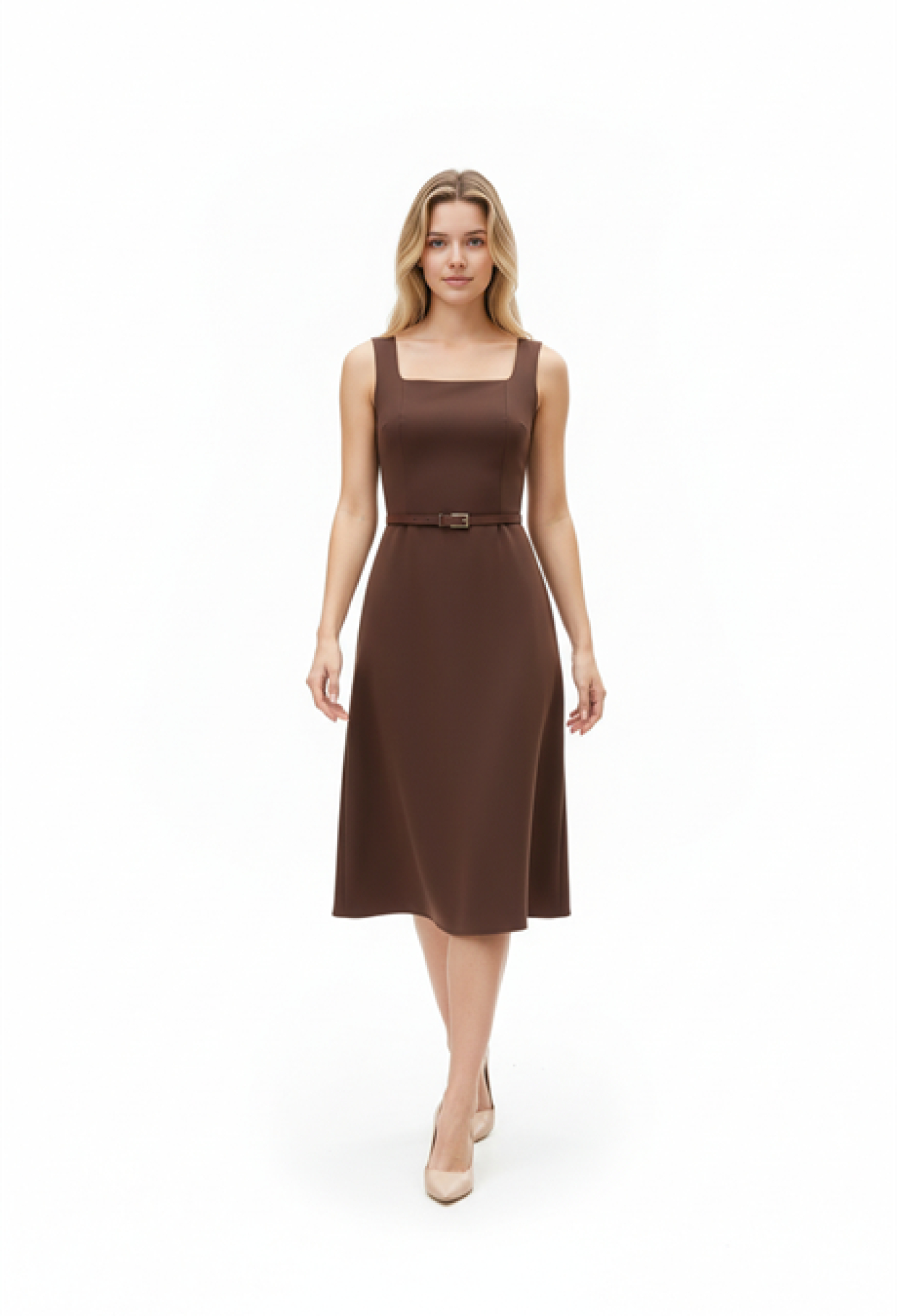 Brown Elegant A-Line Midi Sleeveless Dress With Square Neck - Brand: Levure - Women & Kids, Baby Clothes Wholesale - TheBS Women